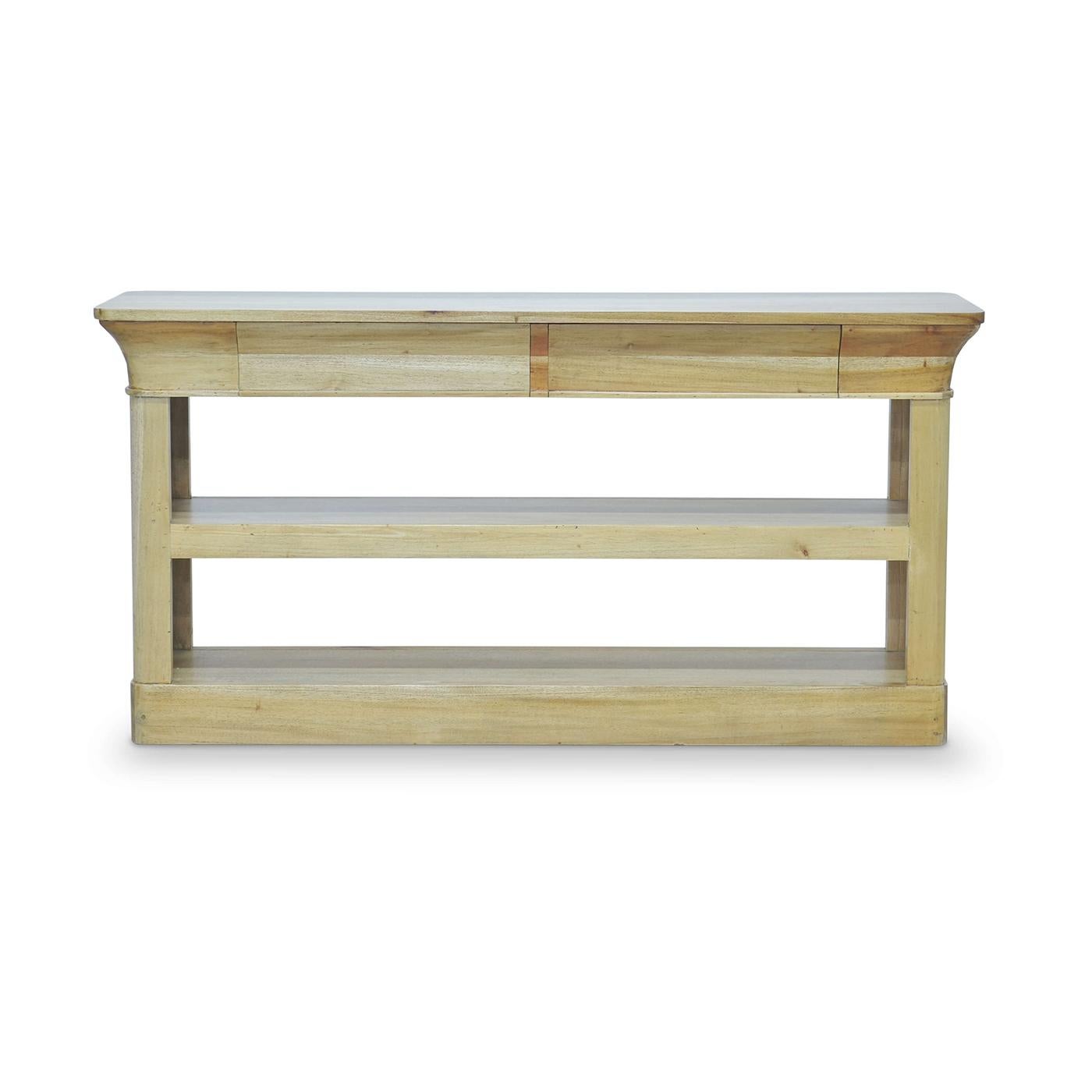 Crafted from mahogany, this table boasts a natural Fruitwood finish that highlights the wood's beautiful grain and texture. The design features a crowned frieze with two spacious drawers seamlessly integrated into the table's frame.

The sturdy