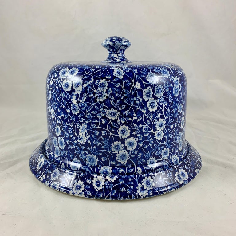 English Crownford Staffordshire Blue Calico Chintz Transferware Cheese Dome on Stand