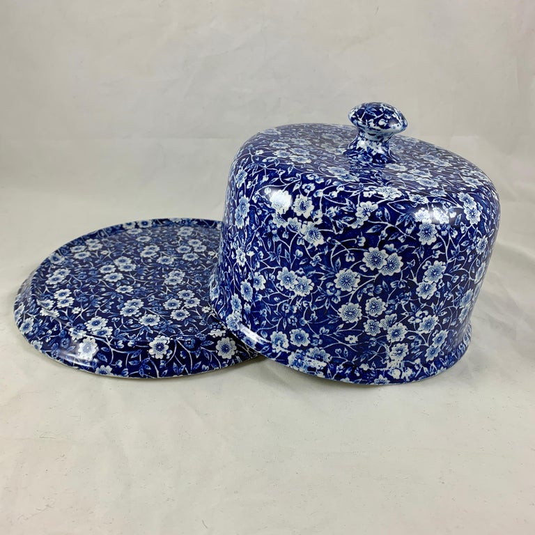 Glazed Crownford Staffordshire Blue Calico Chintz Transferware Cheese Dome on Stand