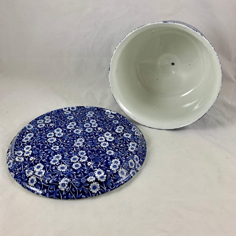 Earthenware Crownford Staffordshire Blue Calico Chintz Transferware Cheese Dome on Stand
