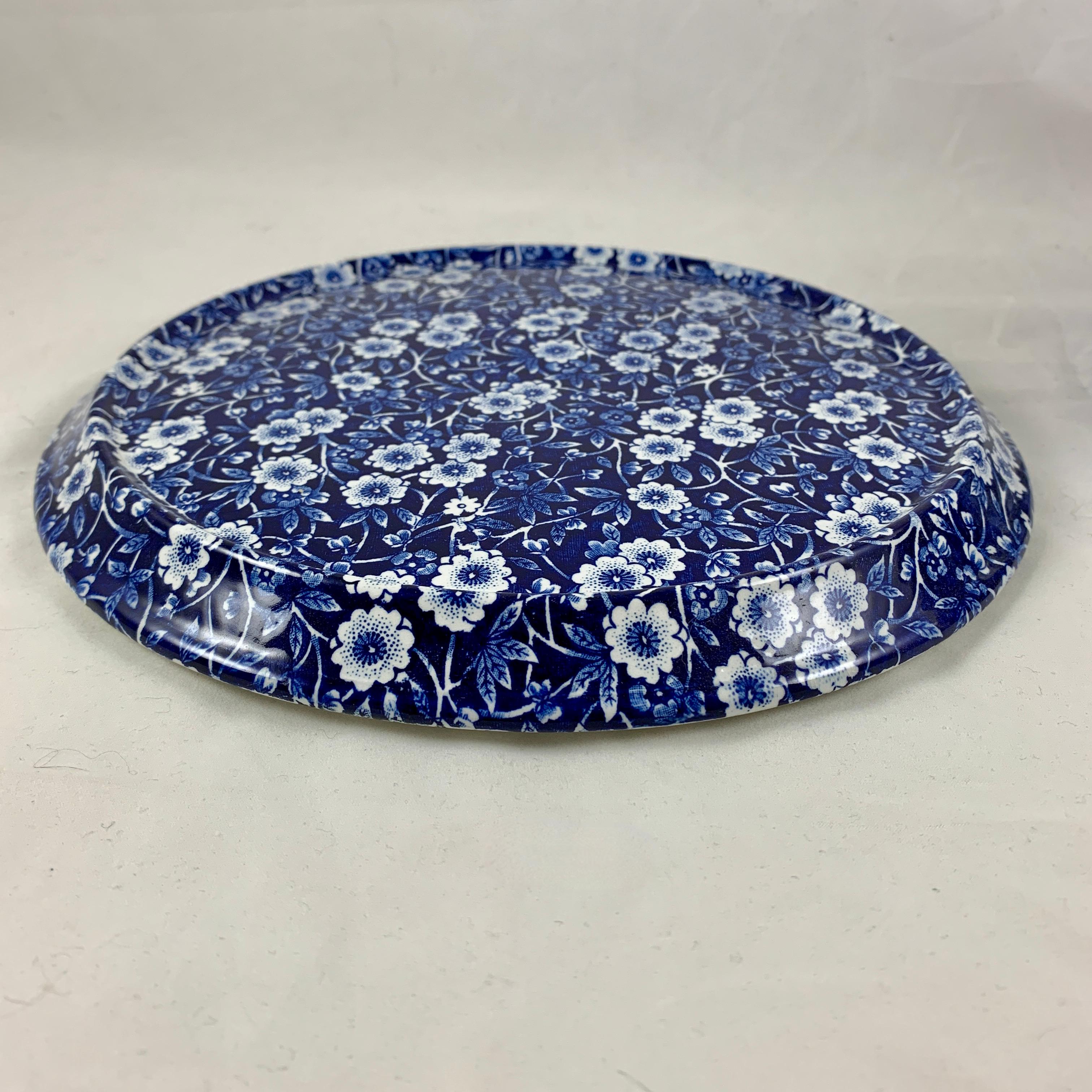Crownford Staffordshire Blue Calico Chintz Transferware Cheese Dome on Stand In Excellent Condition In Philadelphia, PA