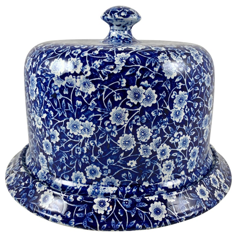 Crownford Staffordshire Blue Calico Chintz Transferware Cheese Dome on Stand