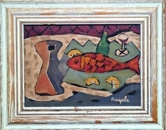 Cubist Still life, Fish Supper, Acrylic and Oil on board, Modern Style, Signed