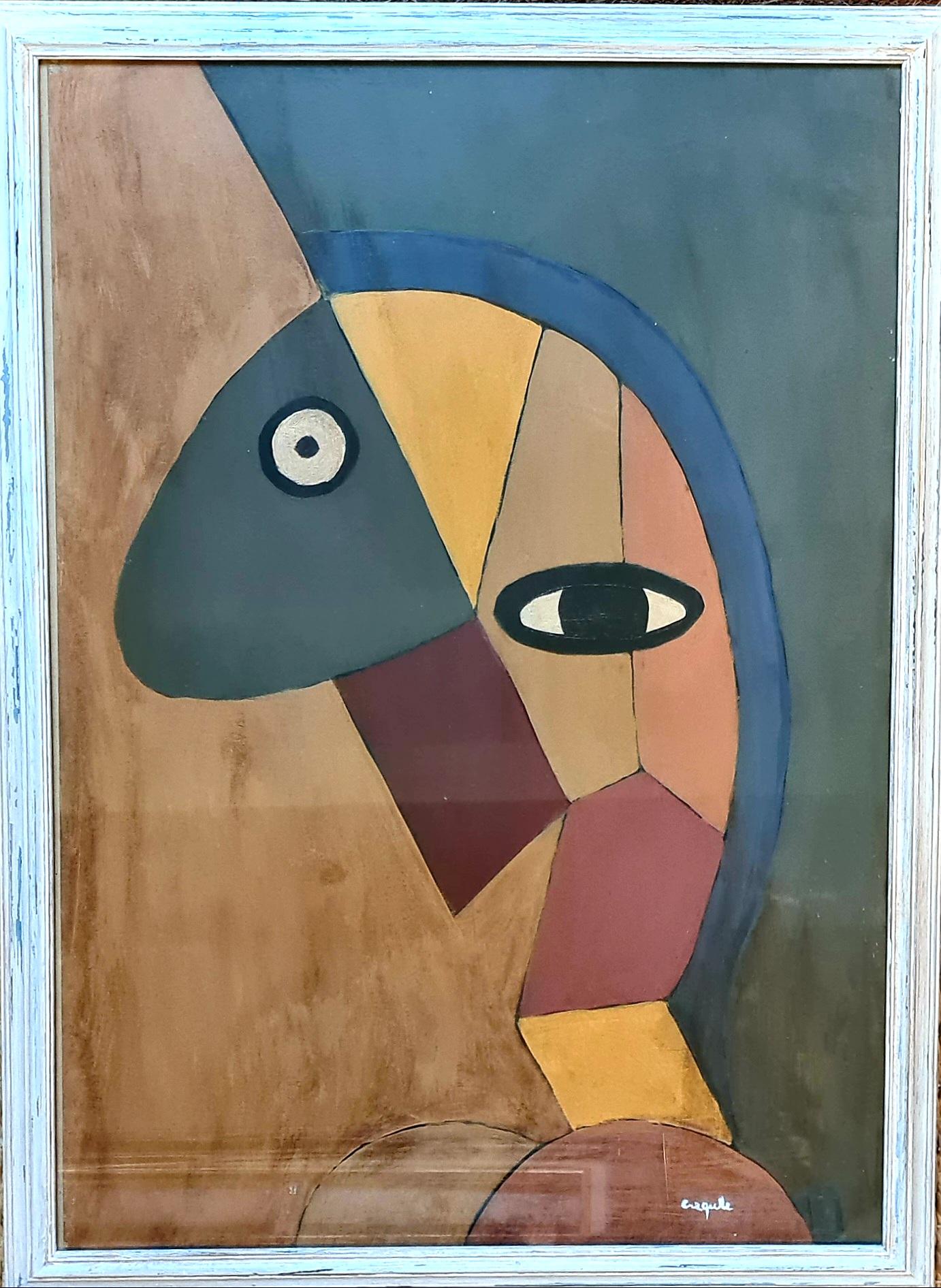 Olio e acrilico cubista francese su tavola, Le Nez. - Painting di Créqule 