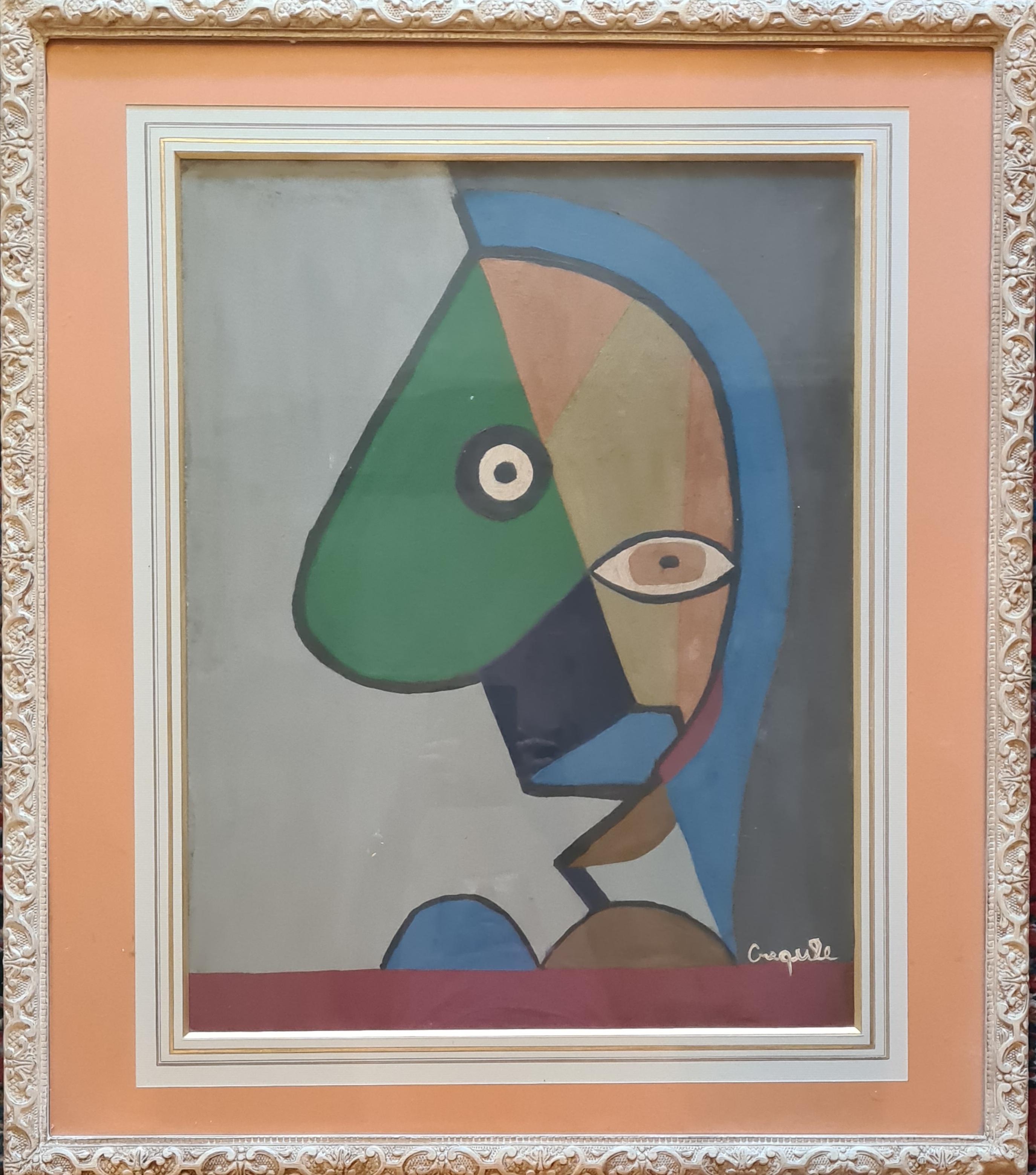 Le Nez. Huile cubiste et acrylique sur panneau. - Painting de Créqule 