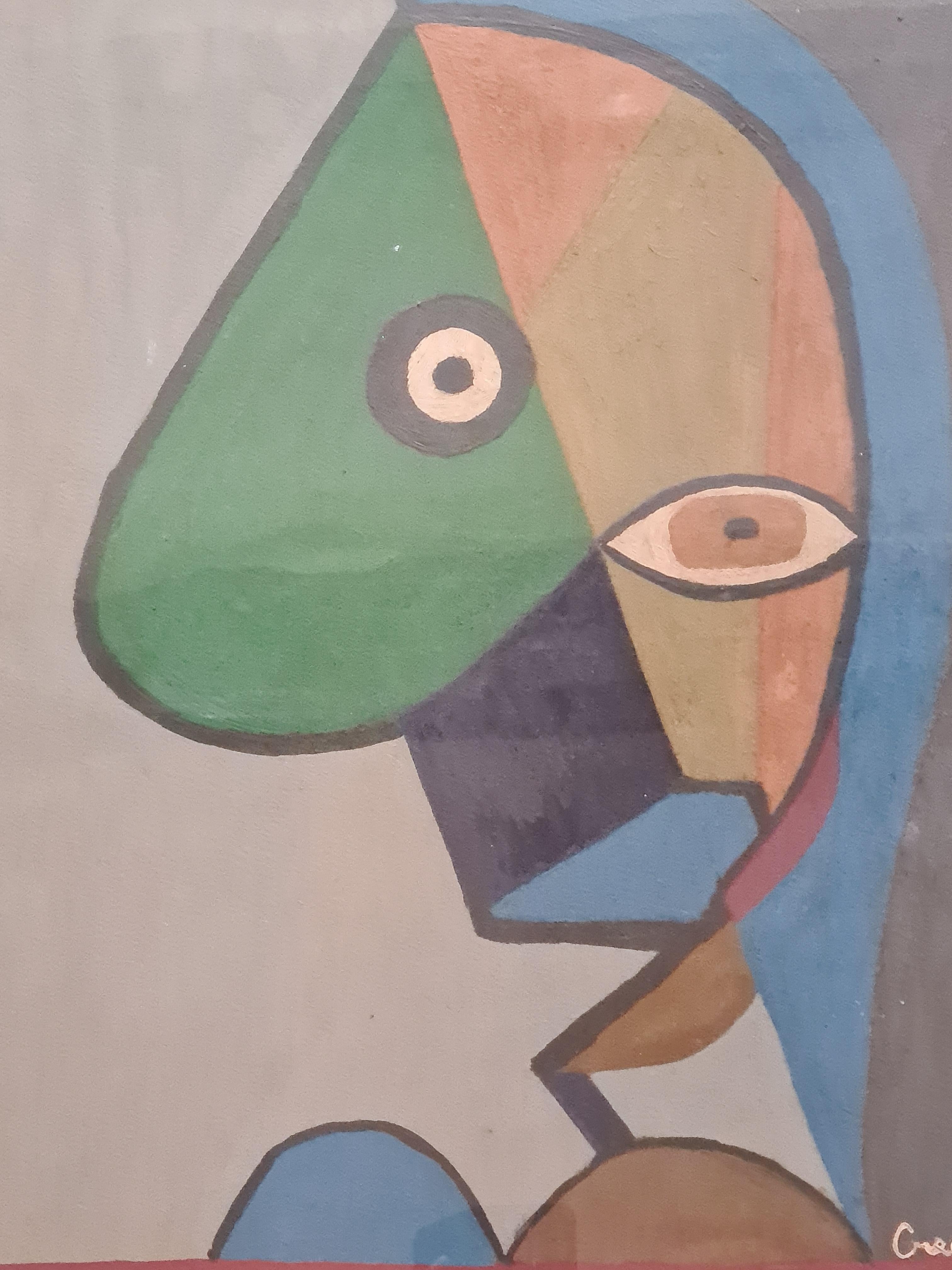 Le Nez. Huile cubiste et acrylique sur panneau. - Cubisme Painting par Créqule 