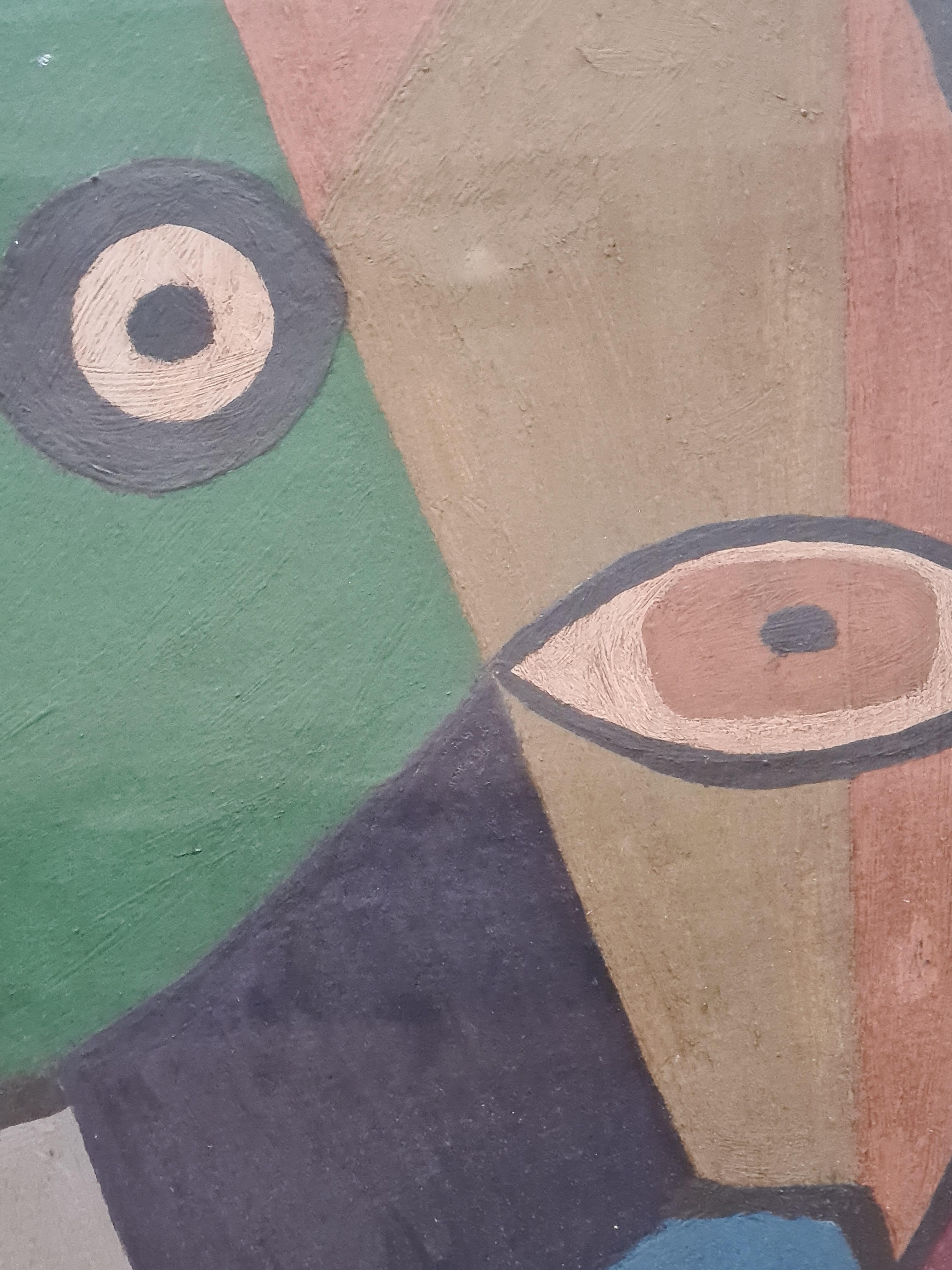 Acrylique et huile sur carton dans la forme moderne d'un portrait stylisé de l'artiste français Créqule. Signé en bas à droite. Le tableau est présenté dans un cadre en bois sculpté et en plâtre avec une monture en carton et doublée de dorures, sous