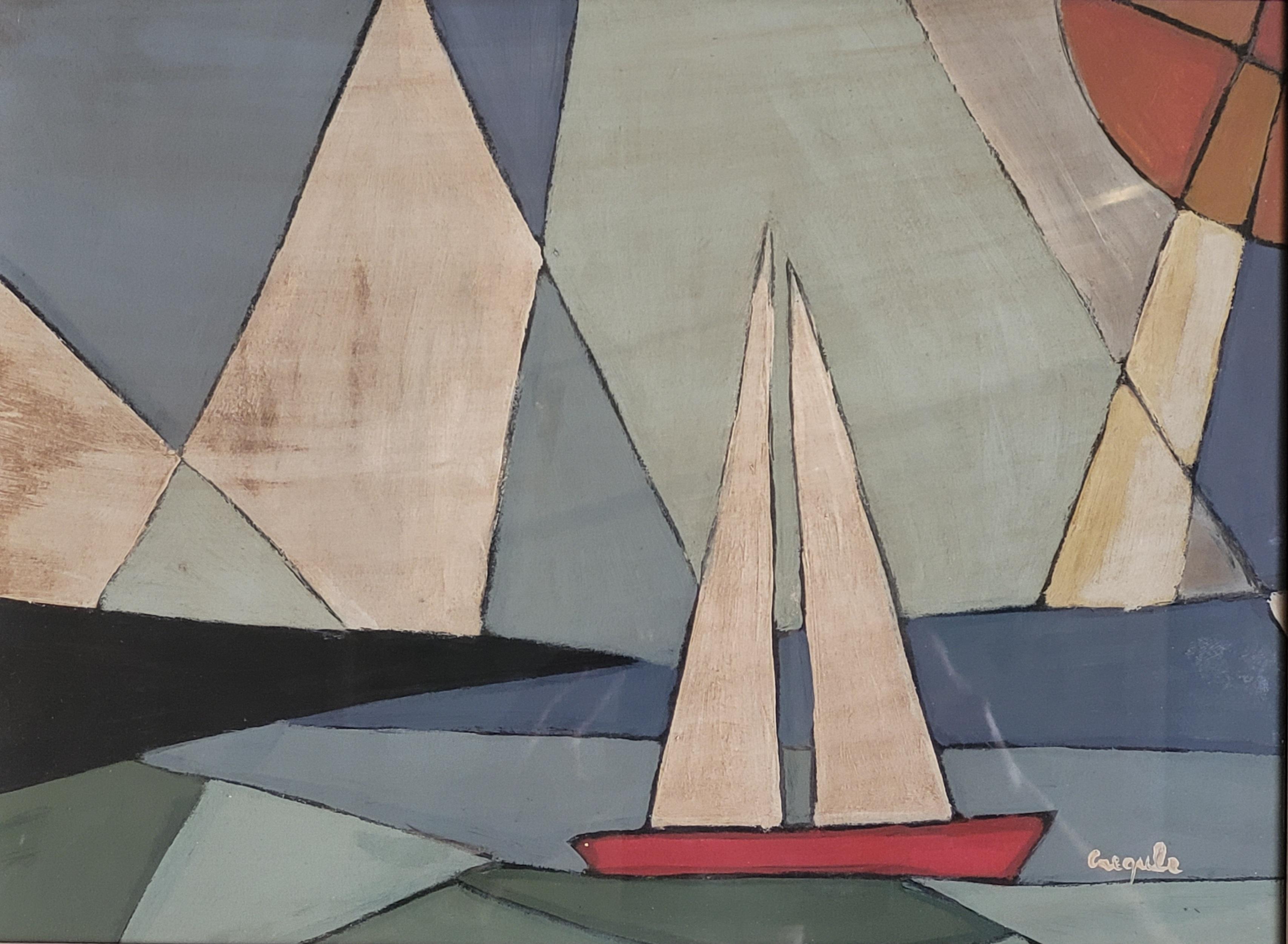Barca a vela in mare sotto un cielo estivo. - Painting di Créqule 