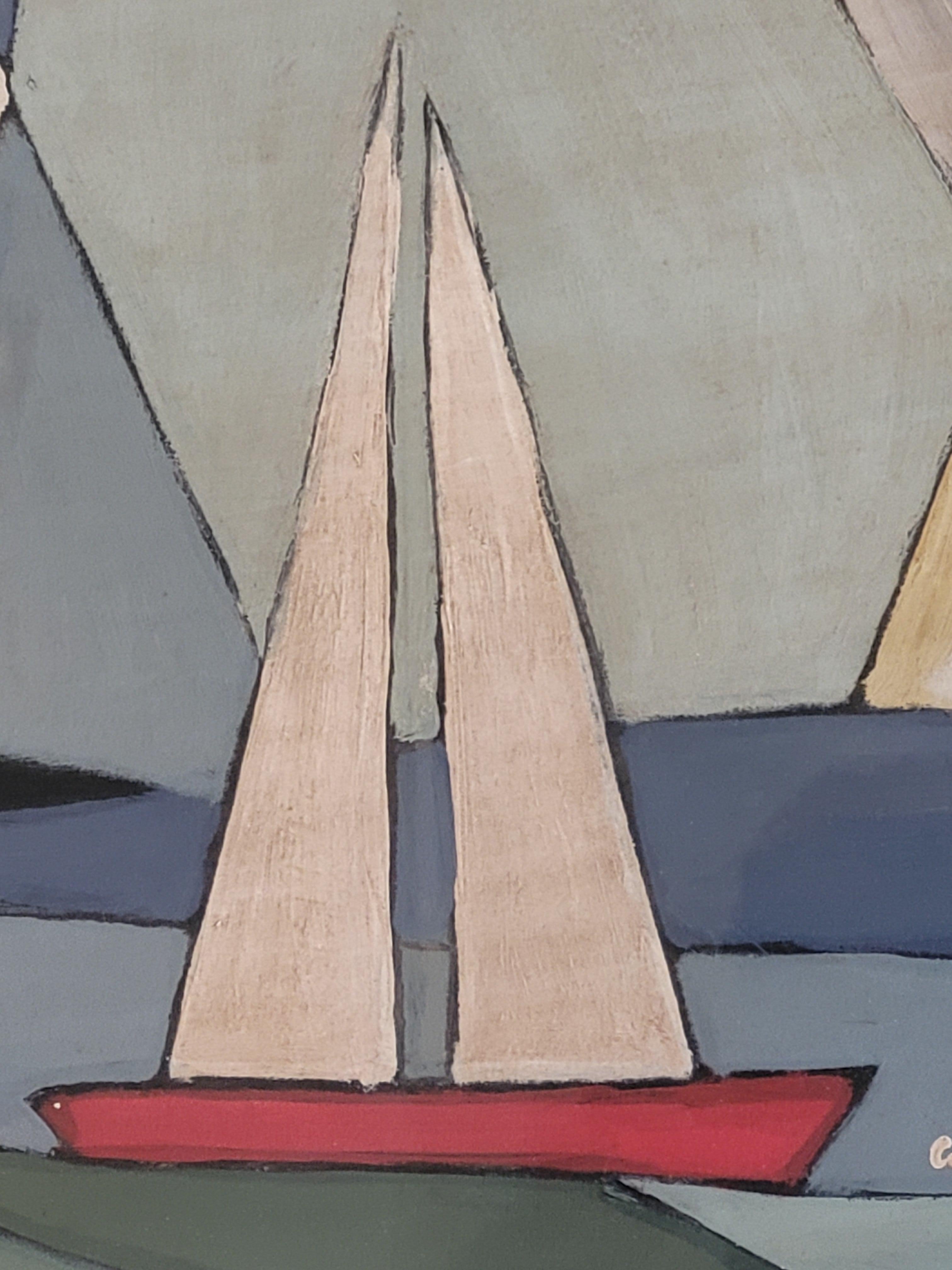 Barca a vela in mare sotto un cielo estivo. - Landscape Painting Beige di Créqule 
