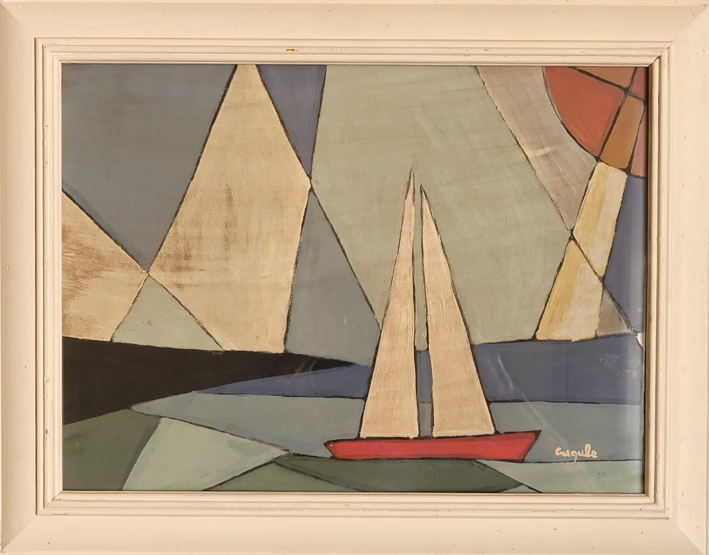 Landscape Painting di Créqule  - Barca a vela in mare sotto un cielo estivo.