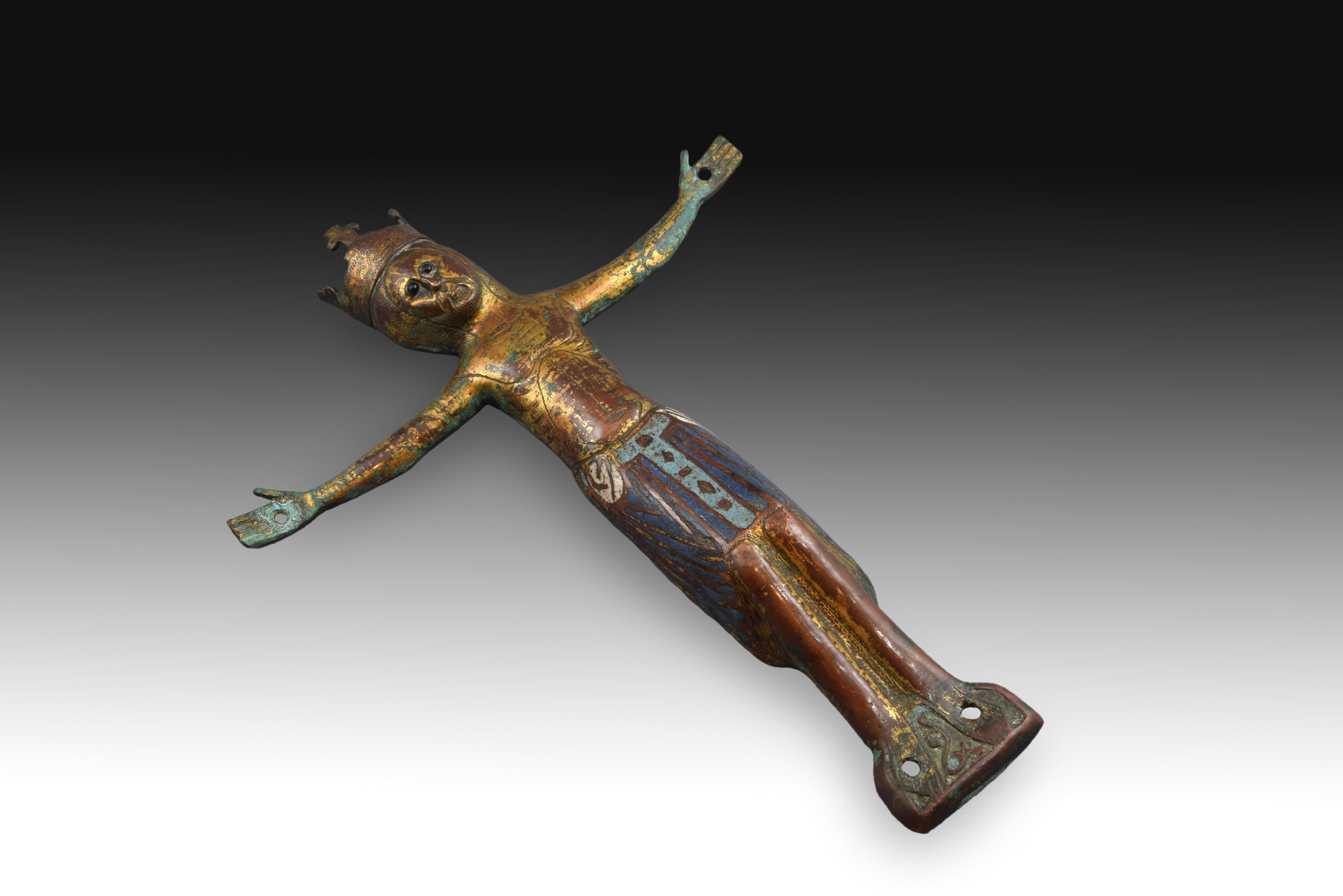 French Crucified Christ ‘Corpus Christi’ Copper, Enamel, Jet Limoges, 12th-13th Century