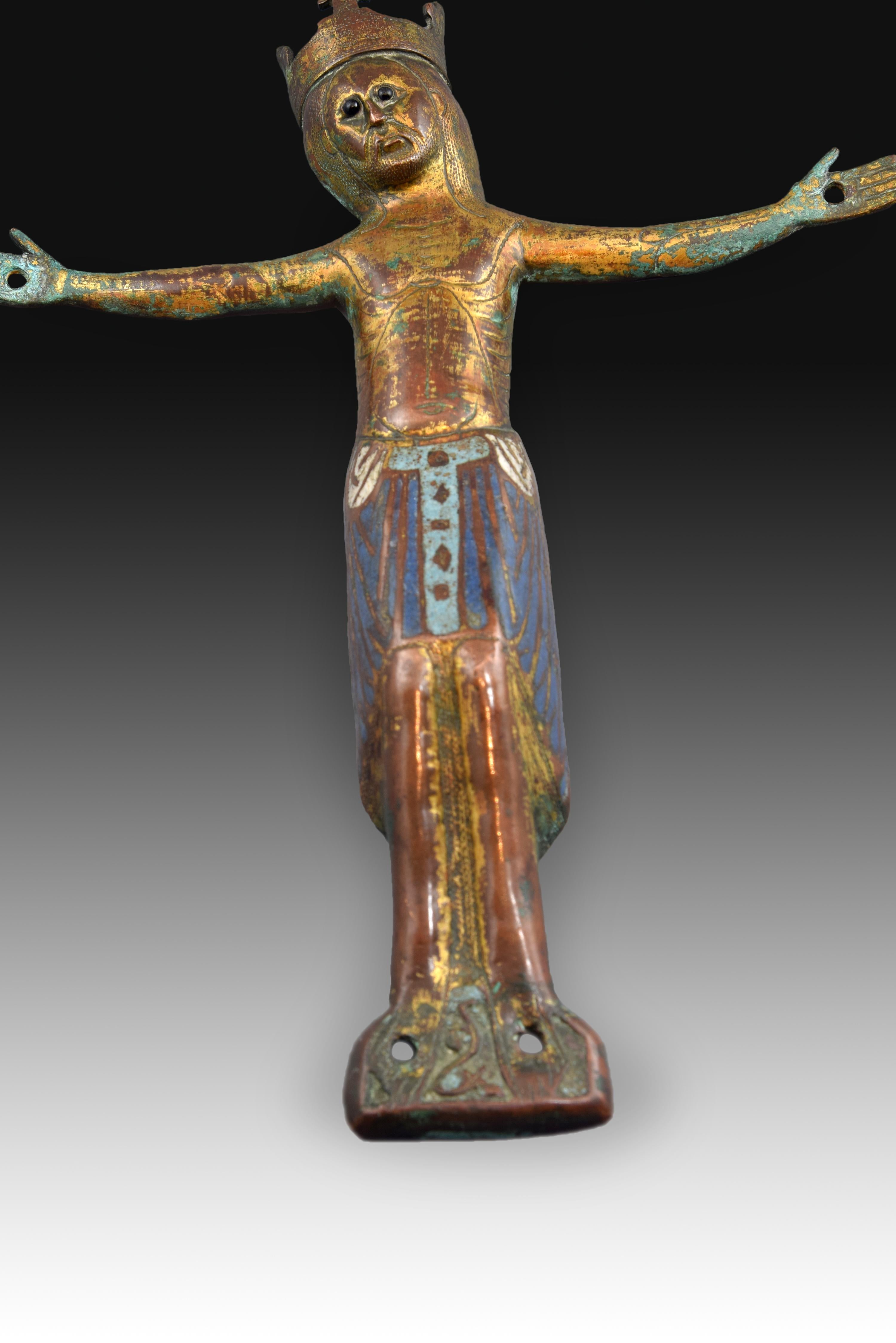 Crucified Christ ‘Corpus Christi’ Copper, Enamel, Jet Limoges, 12th-13th Century In Fair Condition In Madrid, ES