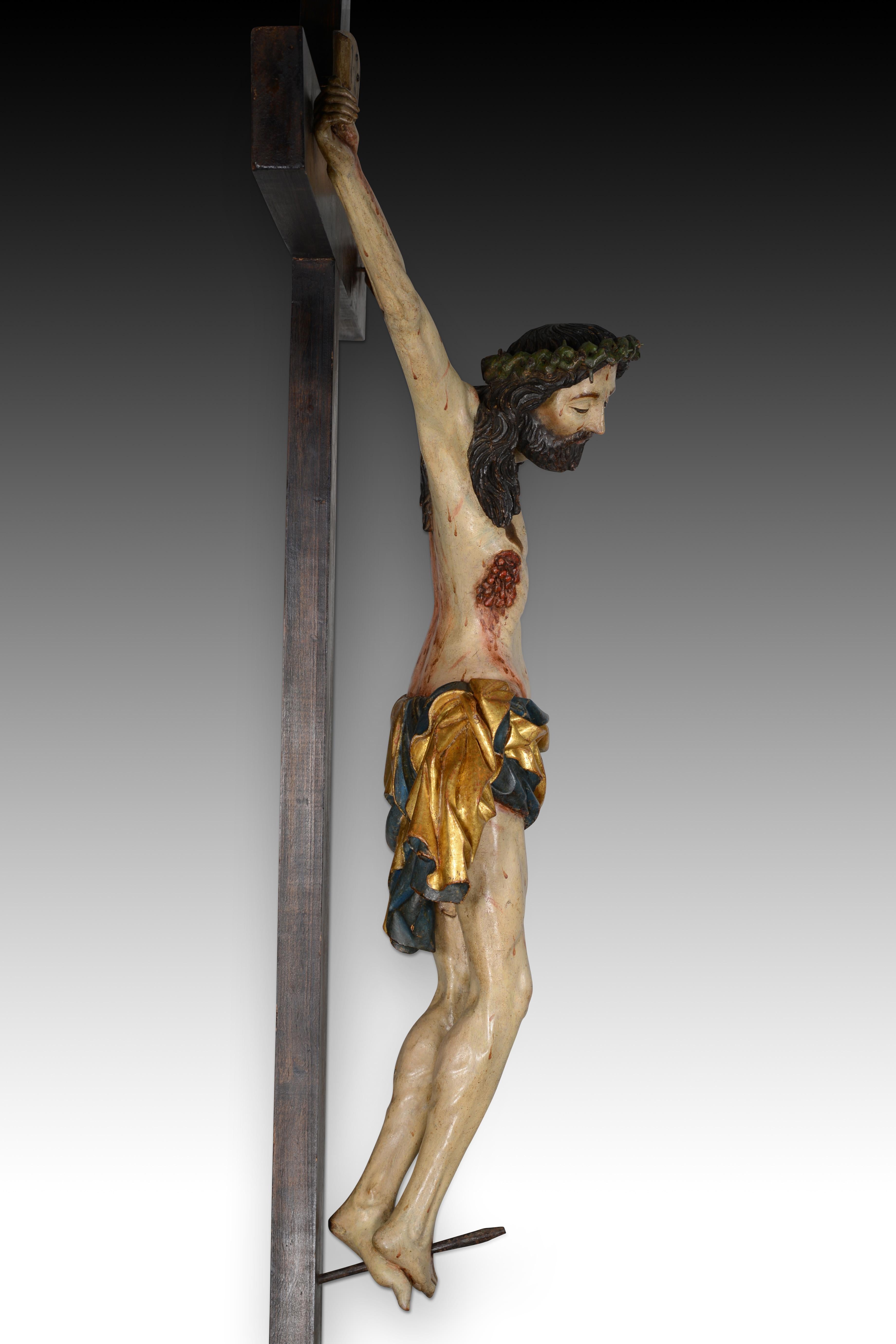 Crucified Christ, Sorrowful Crucifix. Carved and polychrome wood. For Sale 3