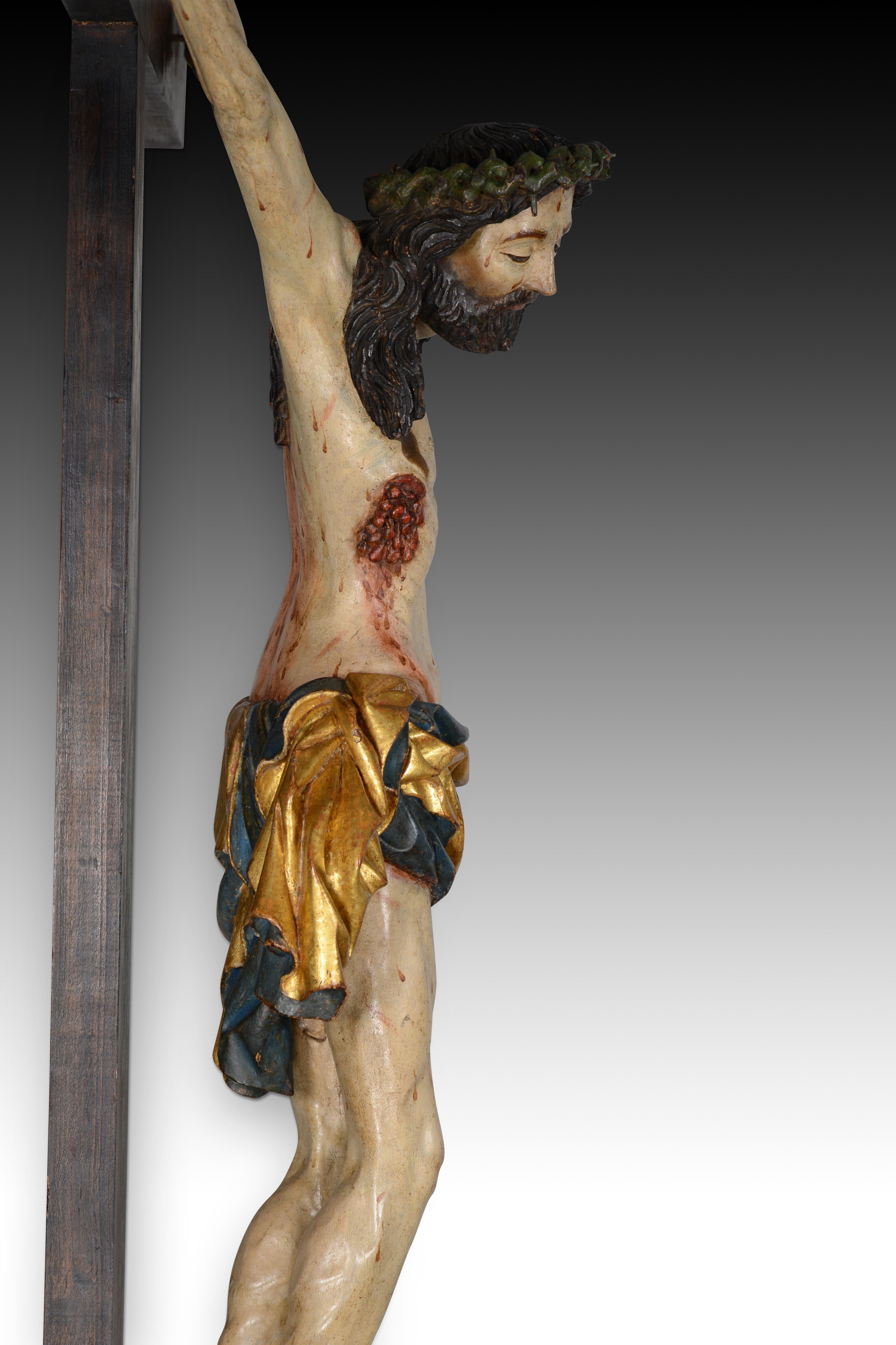 Crucified Christ, Sorrowful Crucifix. Carved and polychrome wood. For Sale 4