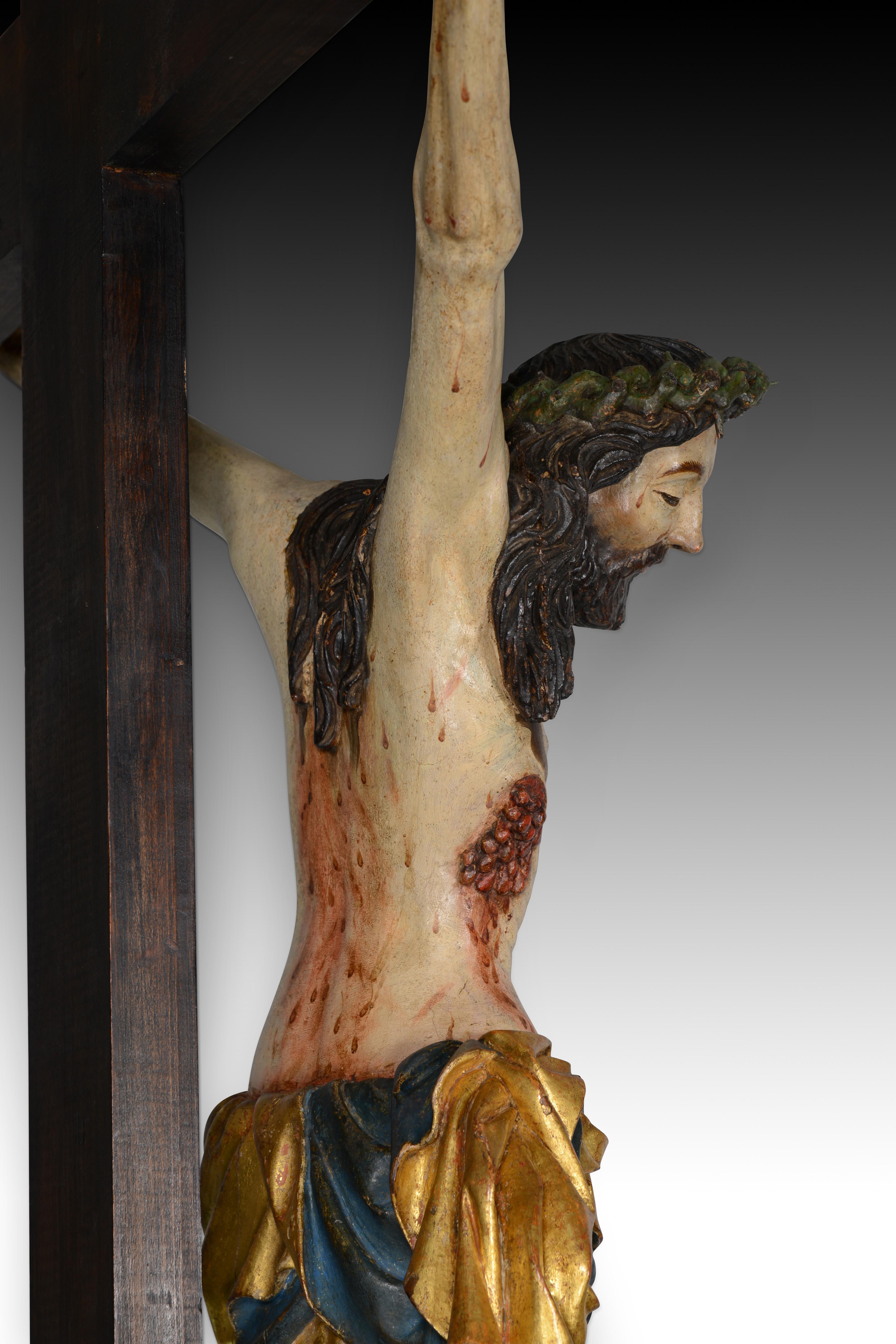 Crucified Christ, Sorrowful Crucifix. Carved and polychrome wood. For Sale 5