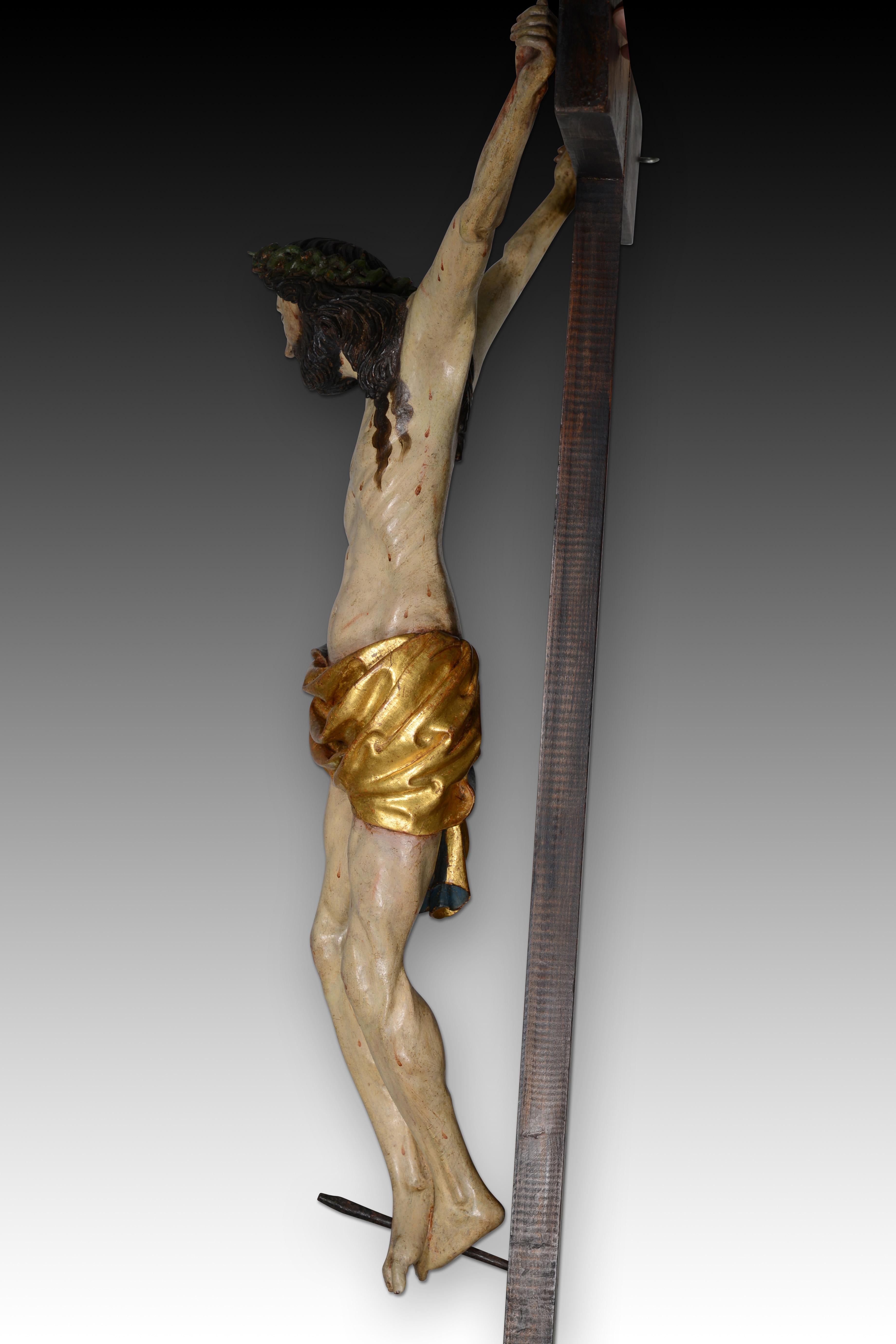 Crucified Christ, Sorrowful Crucifix. Carved and polychrome wood. For Sale 6