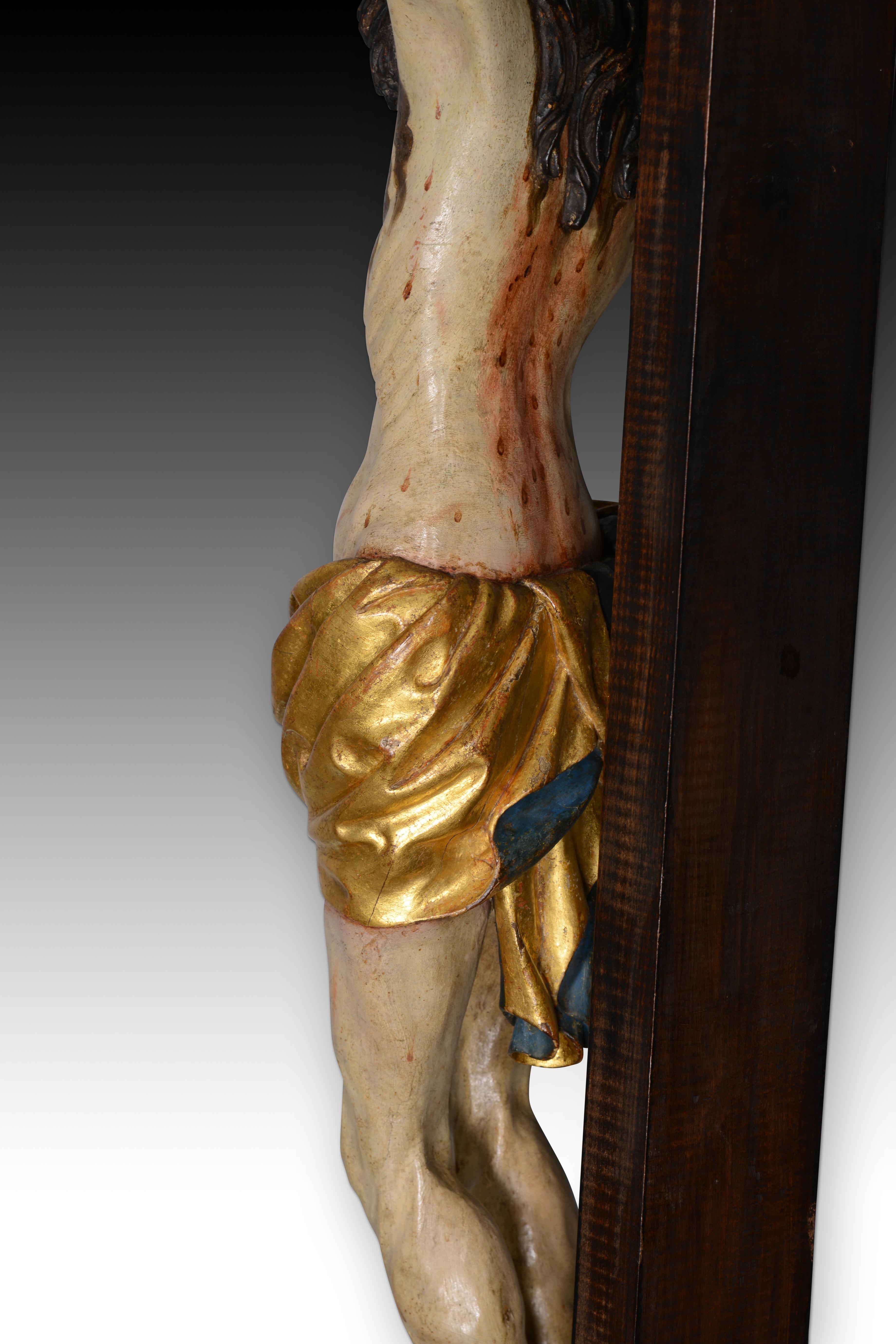 Crucified Christ, Sorrowful Crucifix. Carved and polychrome wood. For Sale 7
