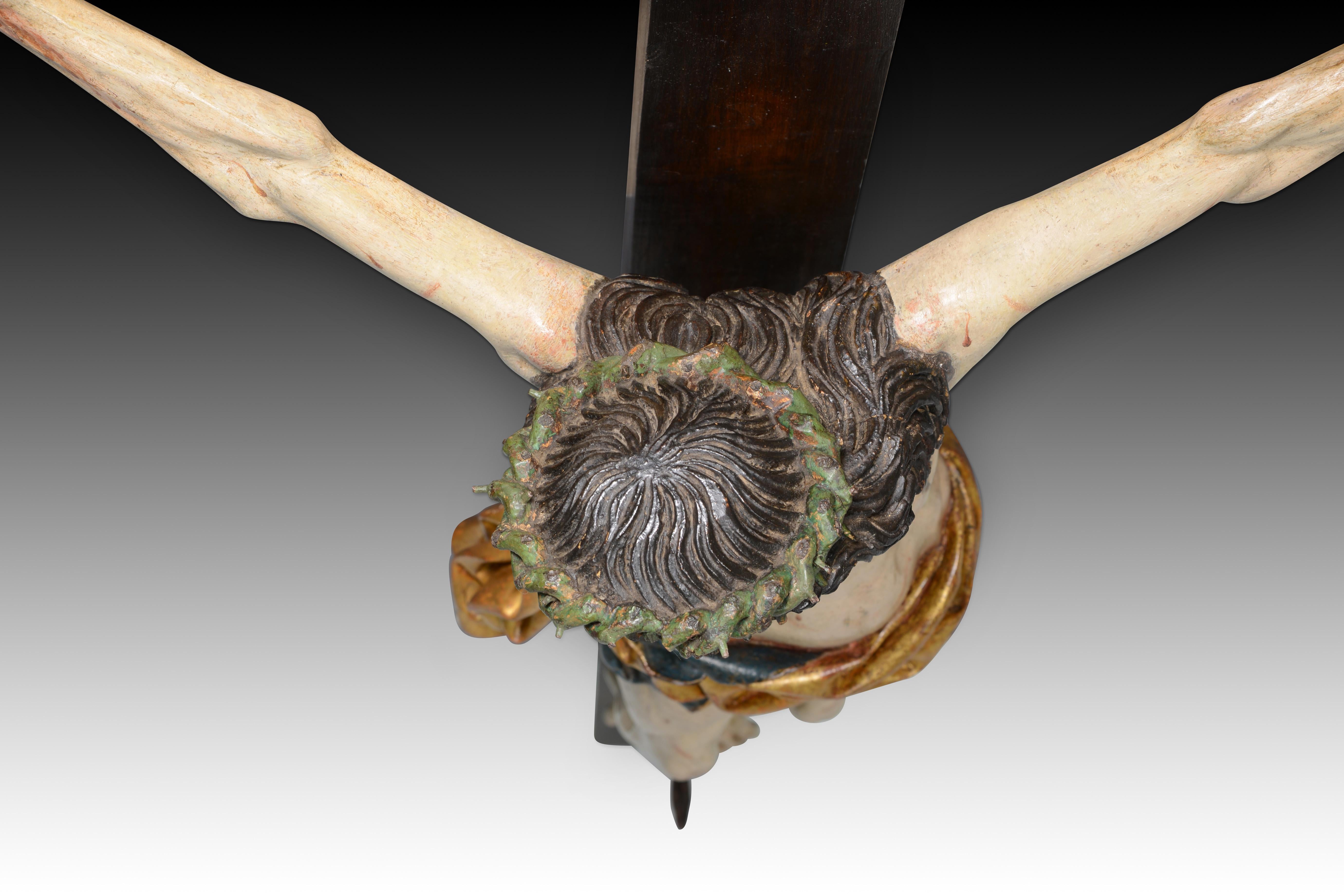 Crucified Christ, Sorrowful Crucifix. Carved and polychrome wood. For Sale 8