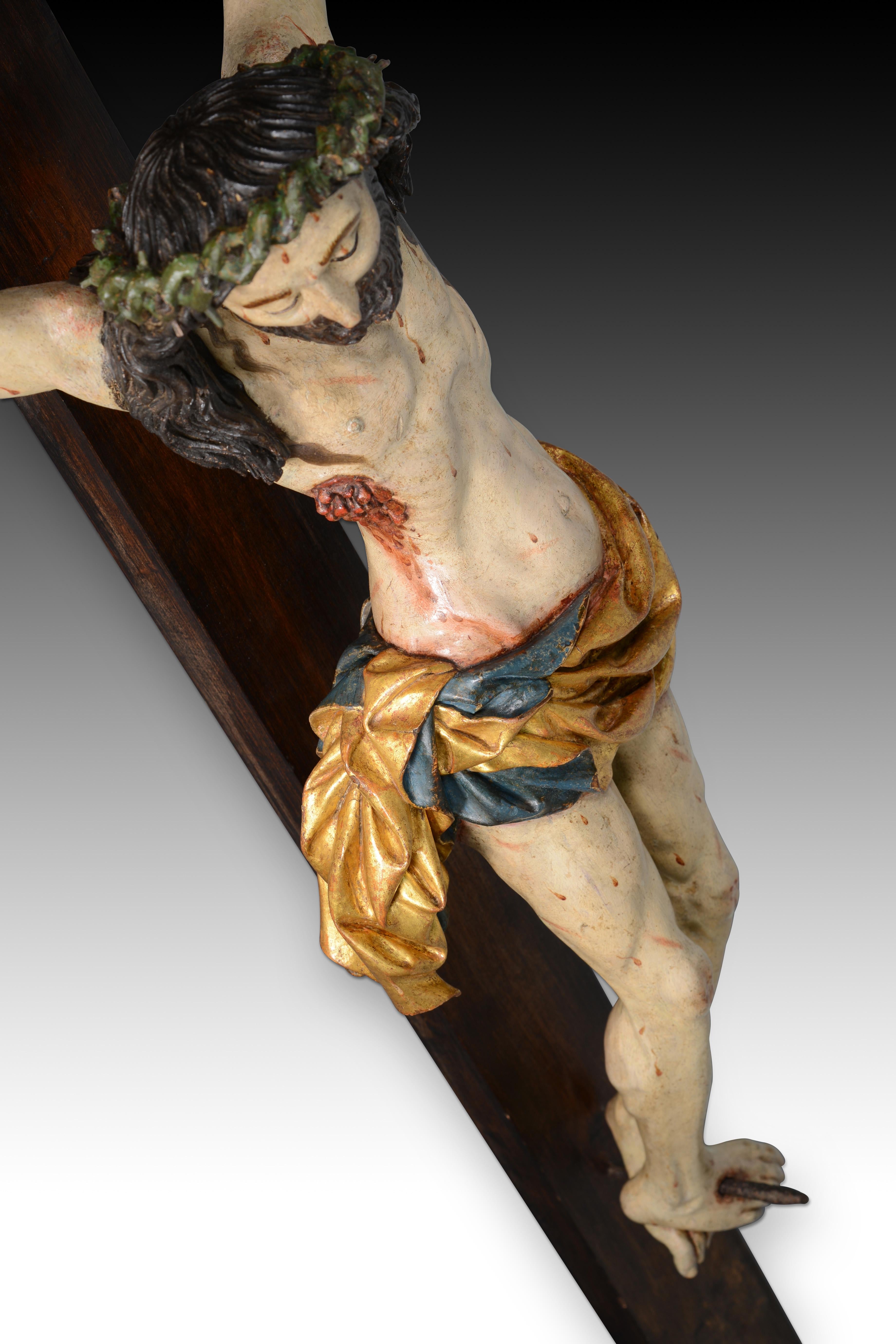 Crucified Christ, Sorrowful Crucifix. Carved and polychrome wood. For Sale 10
