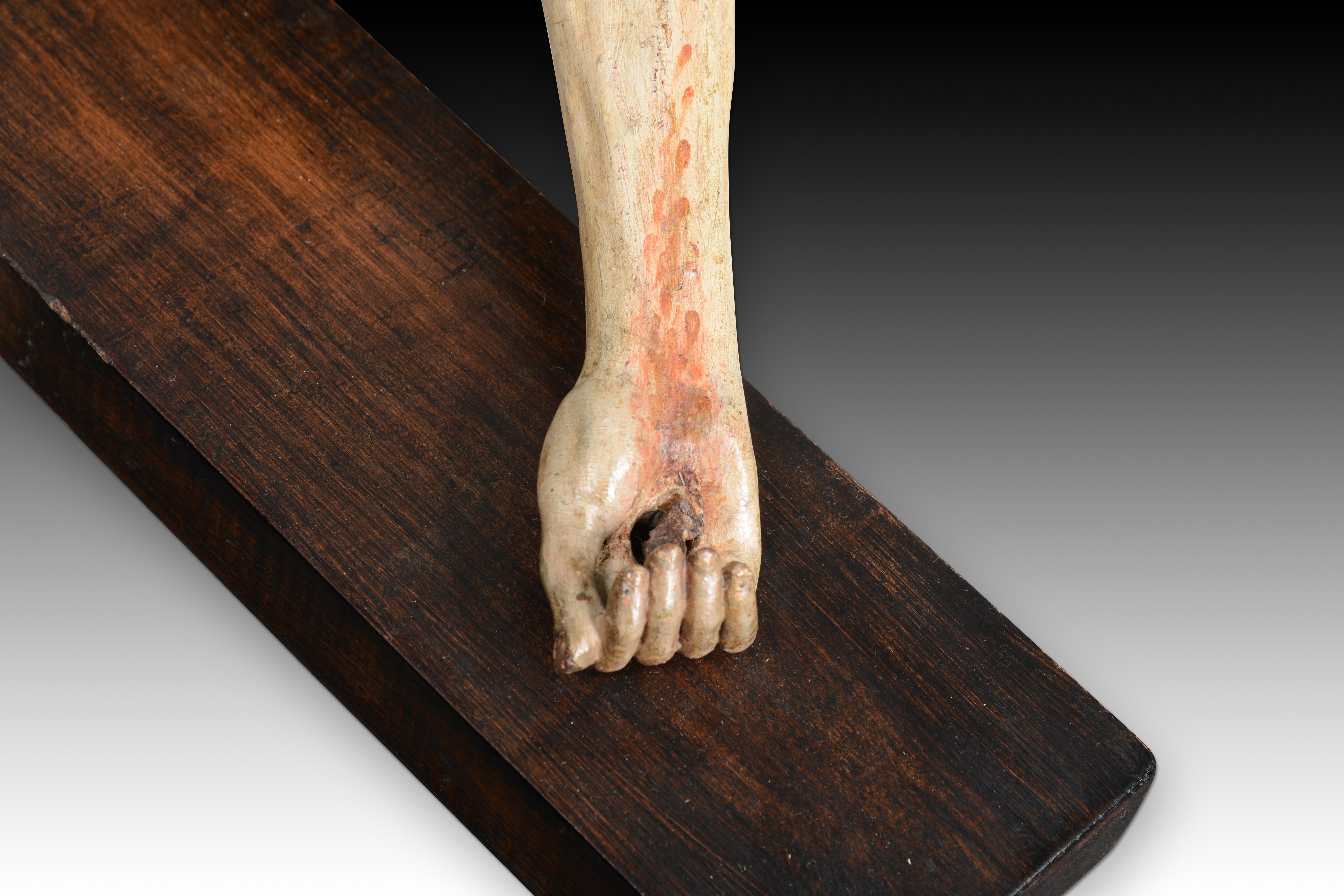 Crucified Christ, Sorrowful Crucifix. Carved and polychrome wood. For Sale 11