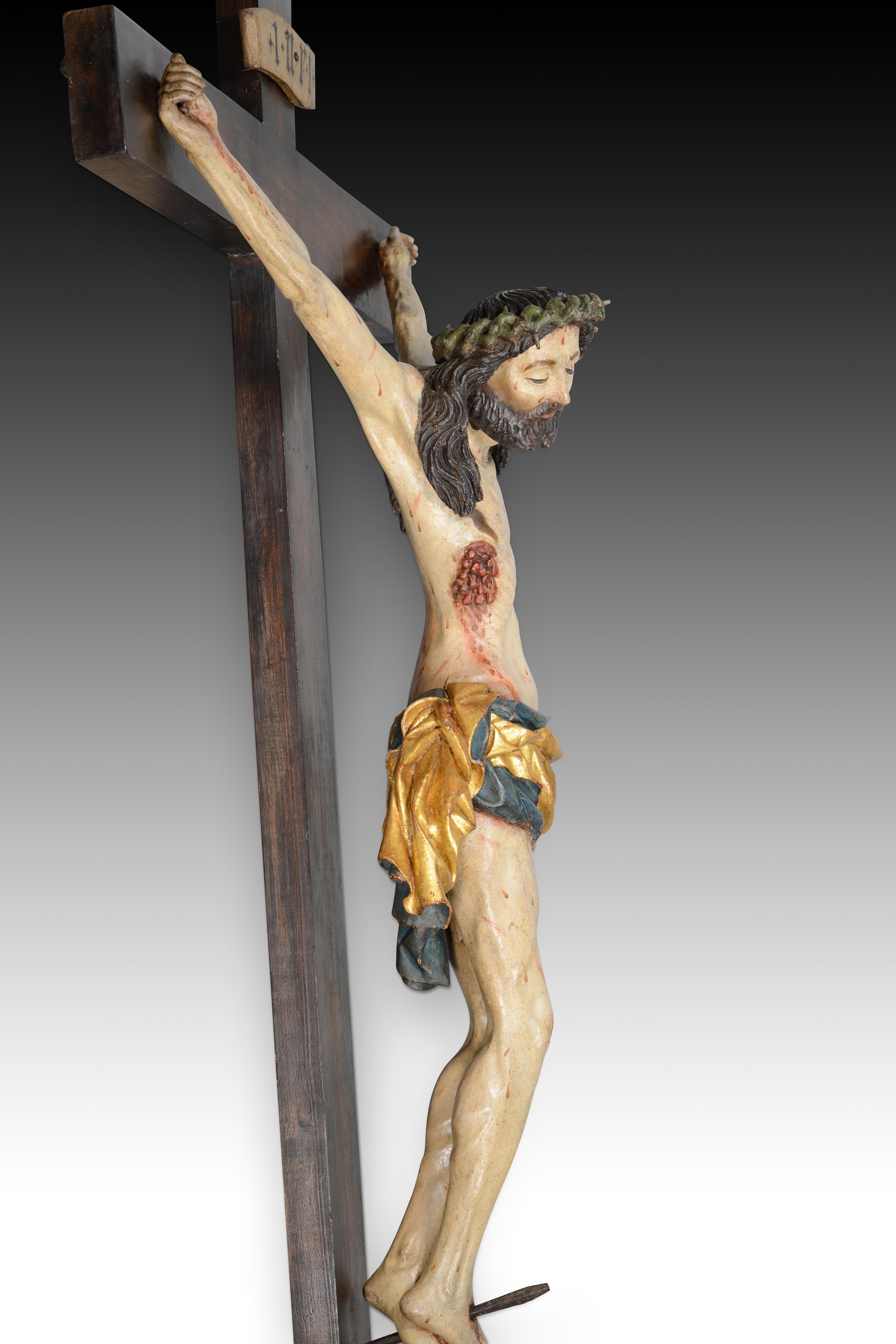 Crucified Christ, Sorrowful Crucifix. Carved and polychrome wood. For Sale 12