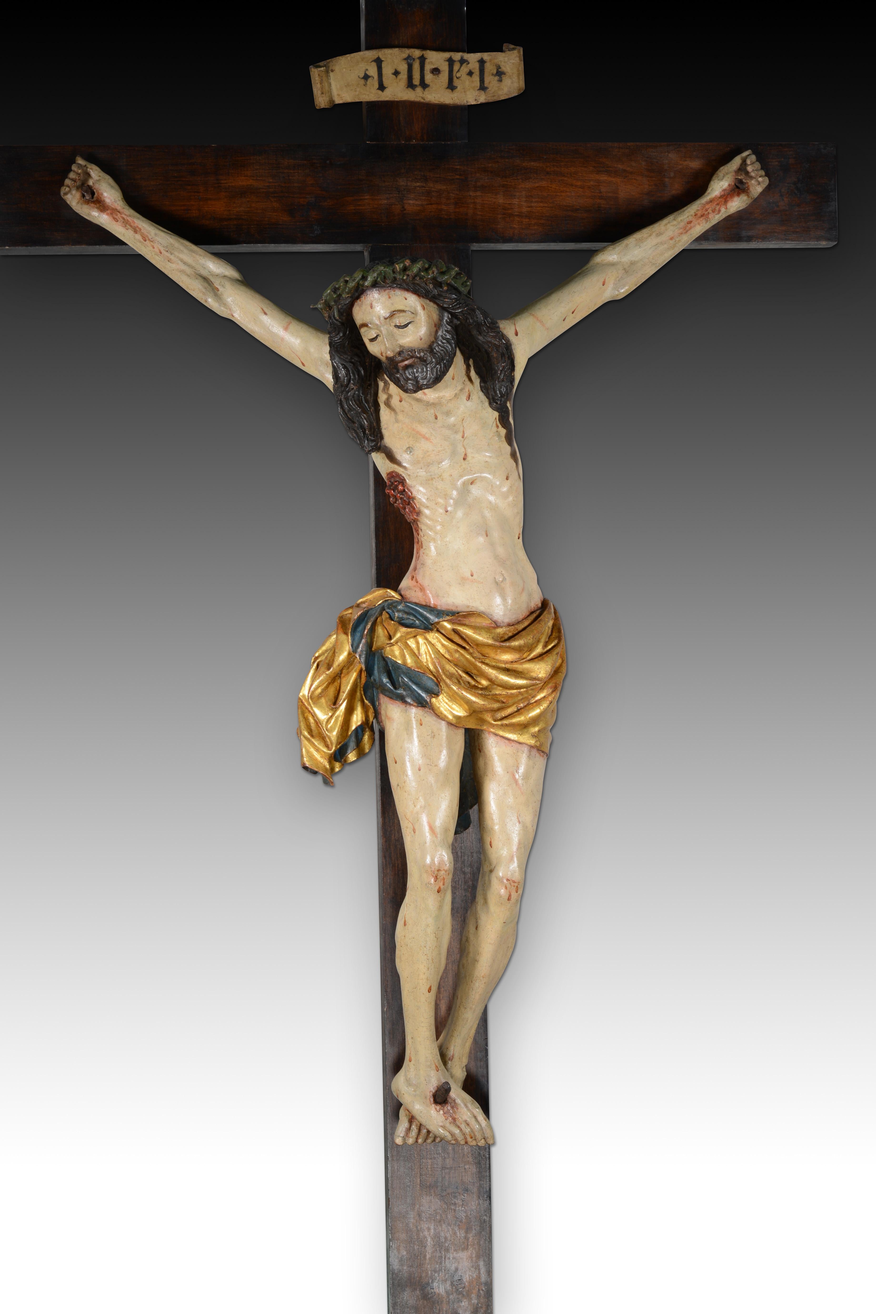 Crucified Christ, Sorrowful Crucifix. Carved and polychrome wood. Possibly southern German school, 15th century.
 Polychrome and gilded wood carving showing Christ with the Crown of Thorns, on the Cross, already deceased (eyes closed), with the