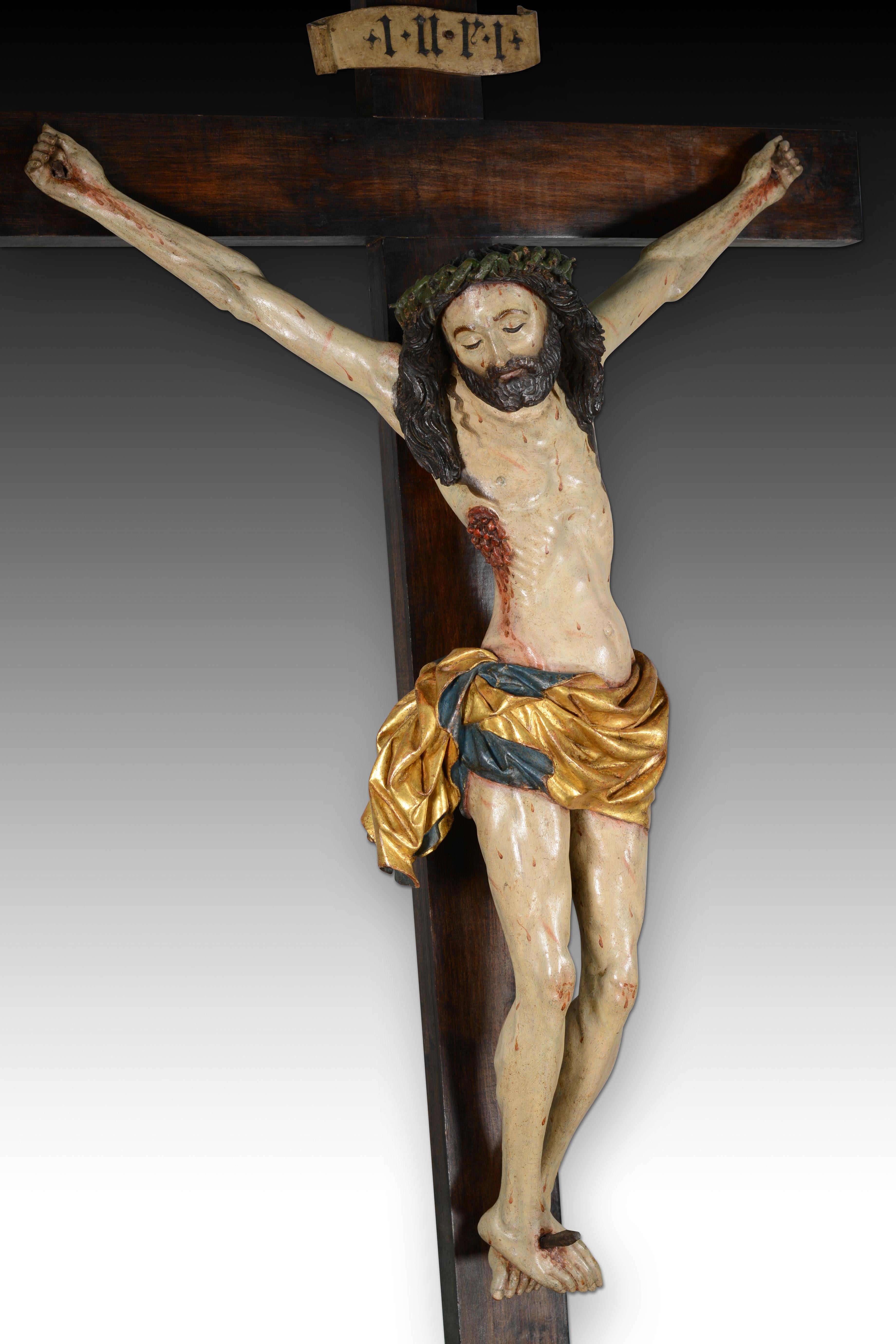 Renaissance Crucified Christ, Sorrowful Crucifix. Carved and polychrome wood. For Sale