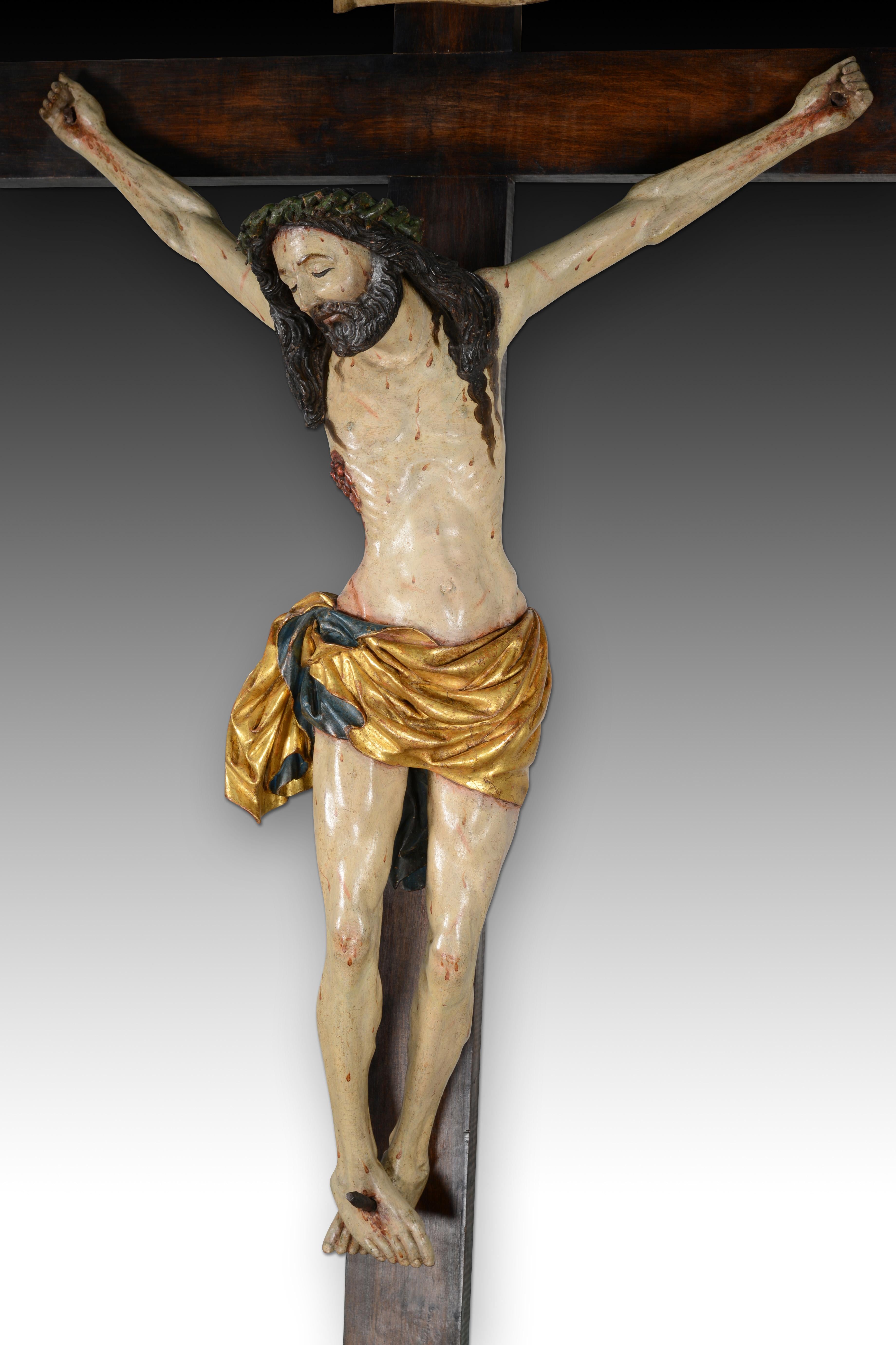 European Crucified Christ, Sorrowful Crucifix. Carved and polychrome wood. For Sale