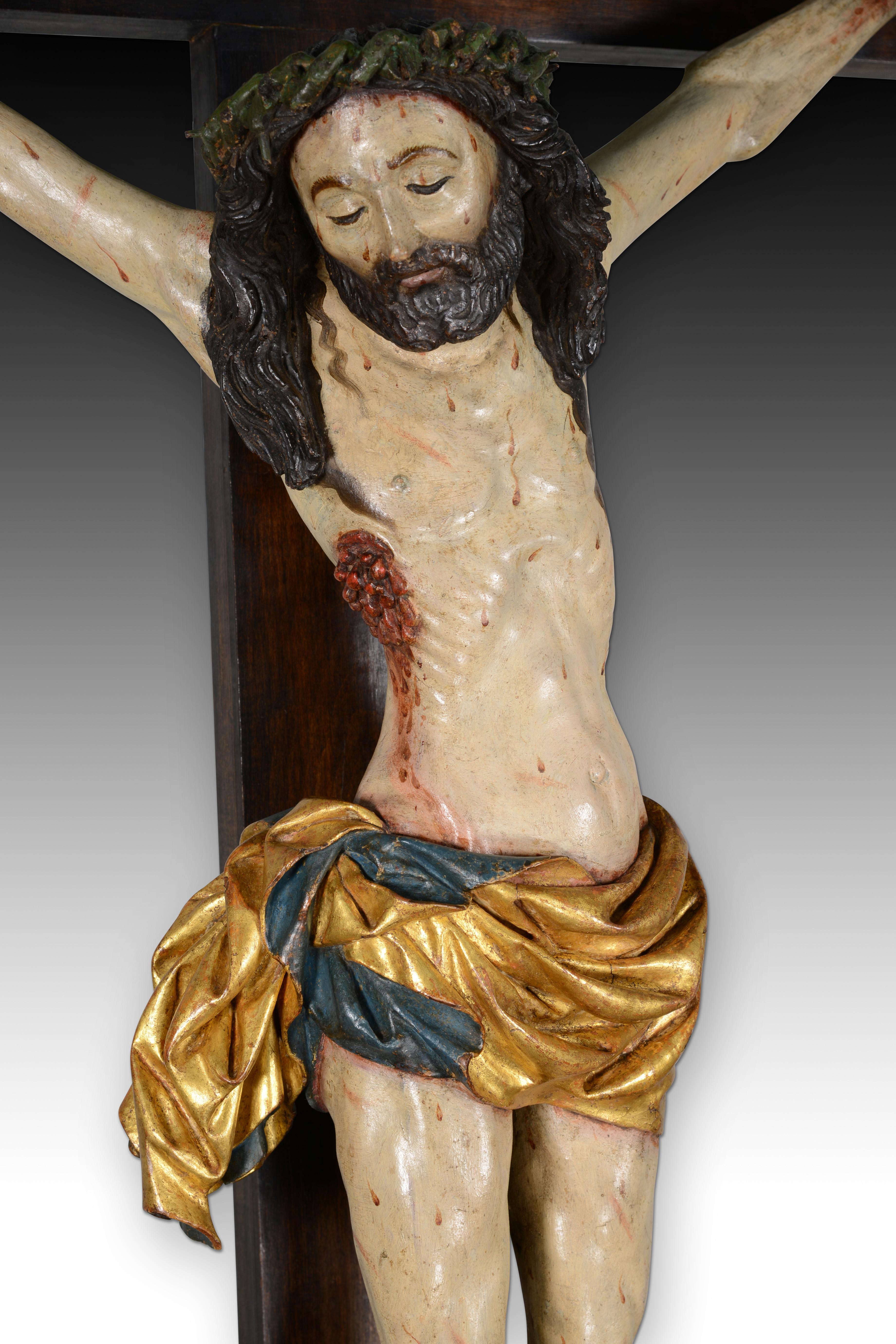 Crucified Christ, Sorrowful Crucifix. Carved and polychrome wood. In Good Condition For Sale In Madrid, ES