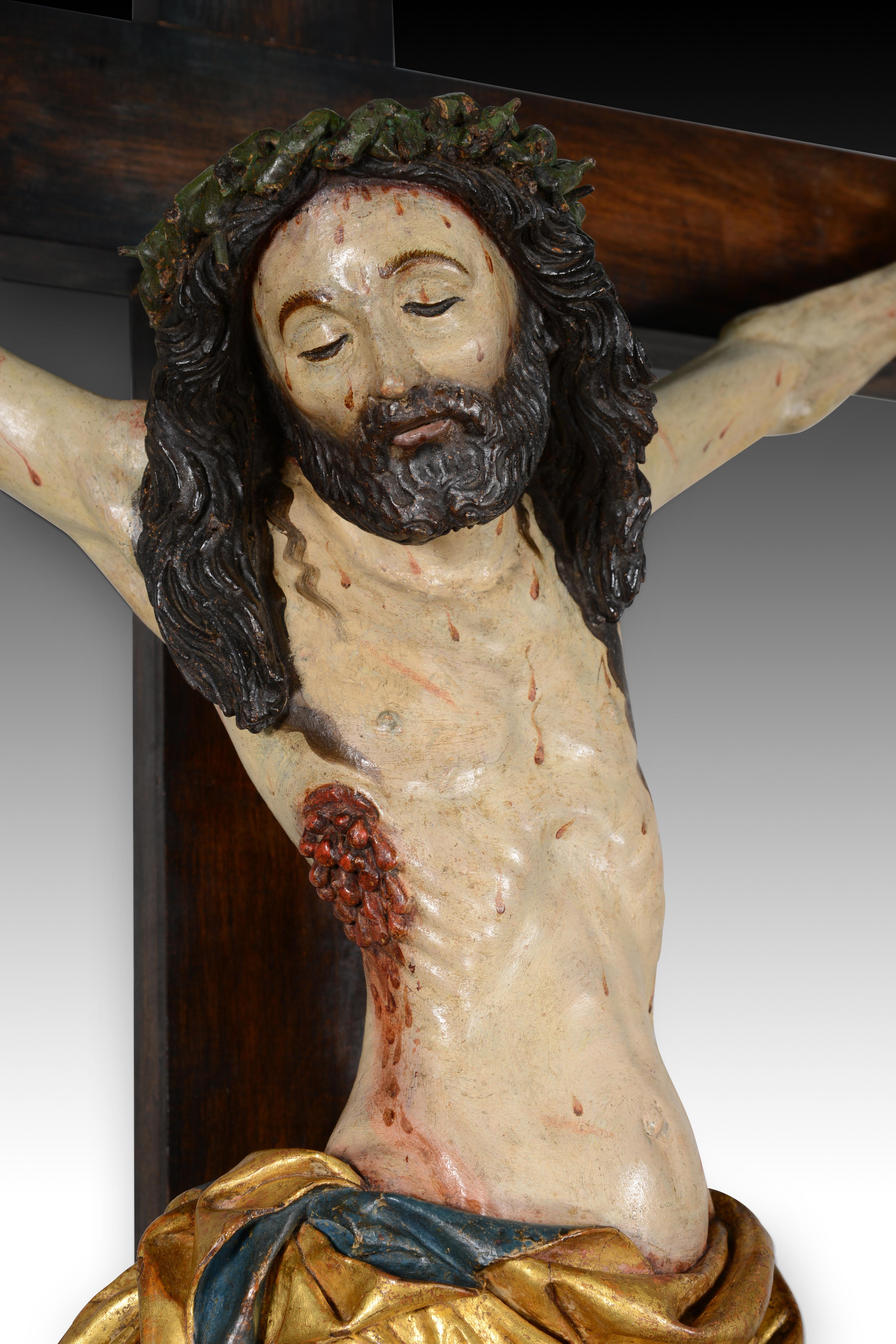 18th Century and Earlier Crucified Christ, Sorrowful Crucifix. Carved and polychrome wood. For Sale