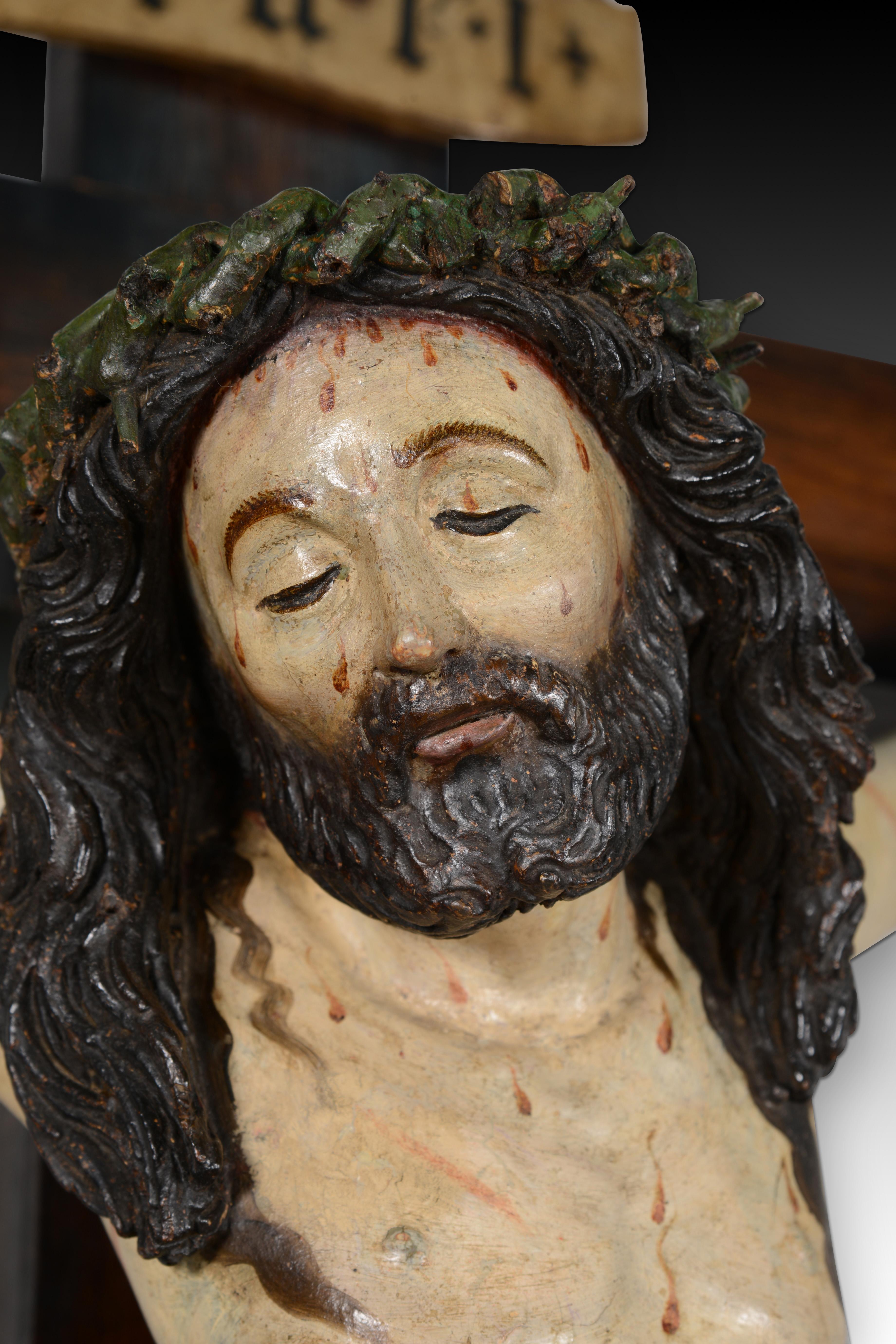 Crucified Christ, Sorrowful Crucifix. Carved and polychrome wood. For Sale 1