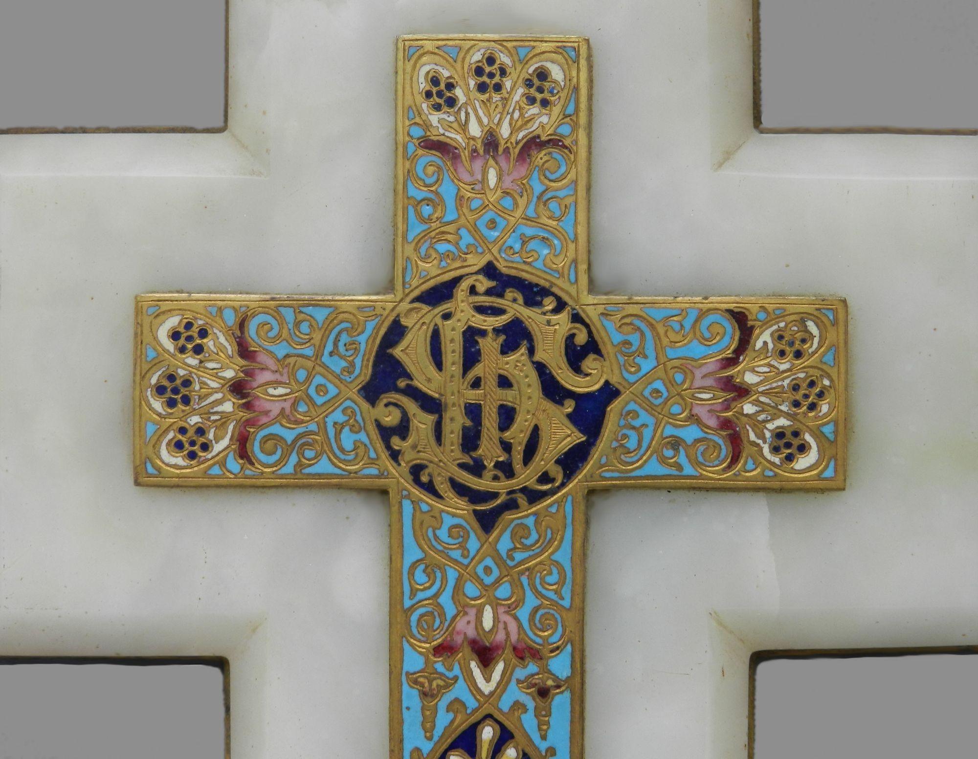 Kruzifix Kreuz Cloisonné Art Deco Emaille montiert Weihwasser Französisch, um 1920 (Art déco)