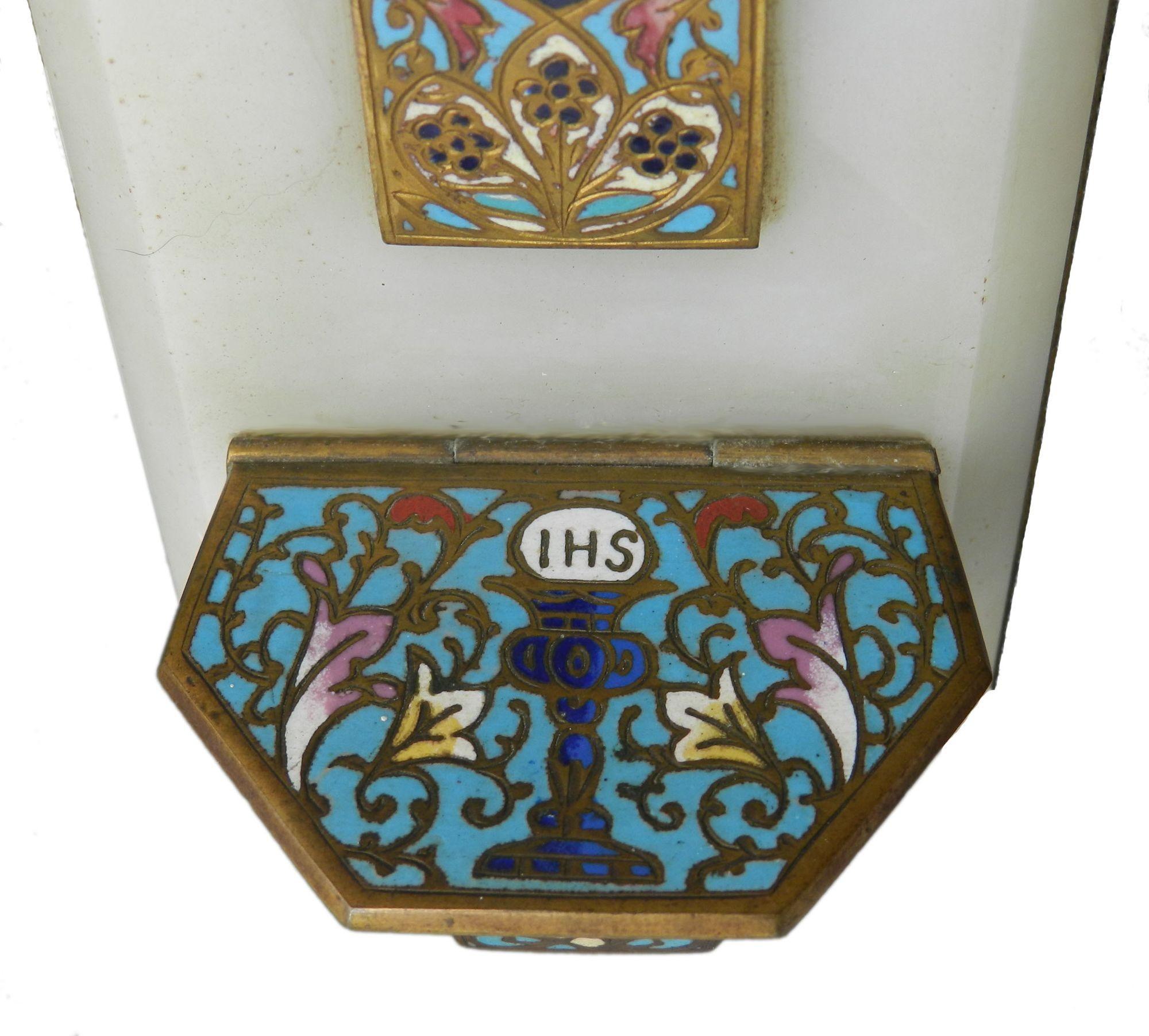 Early 20th Century Crucifix Cross Cloisonné Art Deco Enamel Mounted Holy Water French, circa 1920