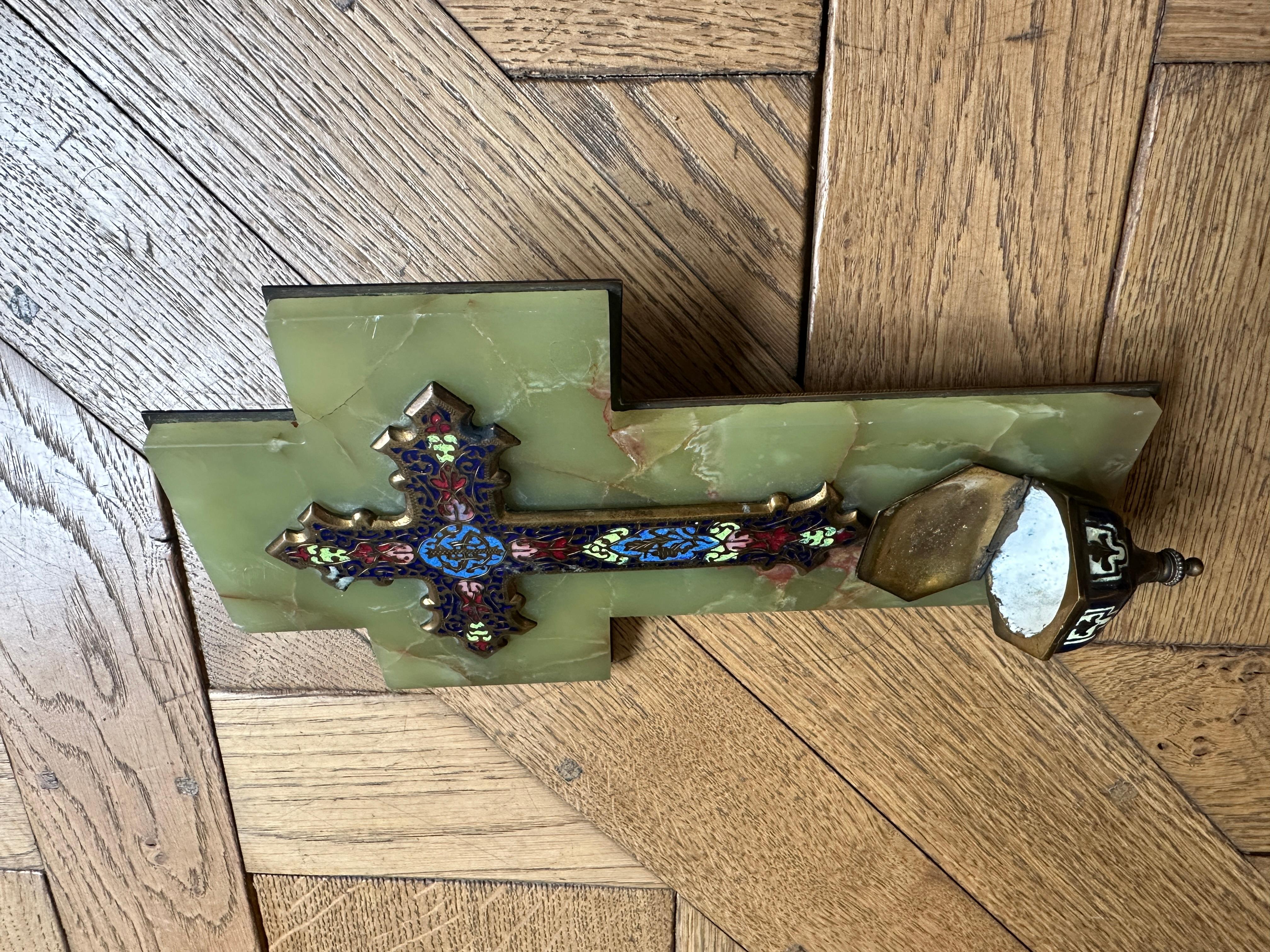 Brass Crucifix Cross  Cloisonné Enamel Mounted on Onyx Europe, 1920 For Sale