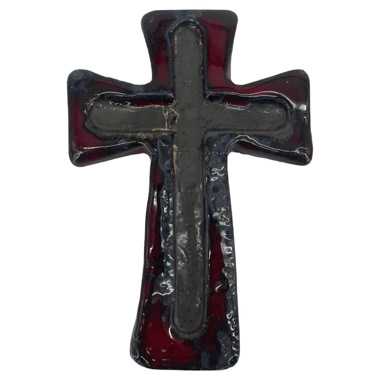 Crucifix in Red, Black and Grey, Wall Hanging. 1970s Ceramic Cross Fat Lava For Sale