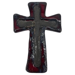 Crucifix in Red, Black and Grey, Wall Hanging. 1970s Ceramic Cross Fat Lava