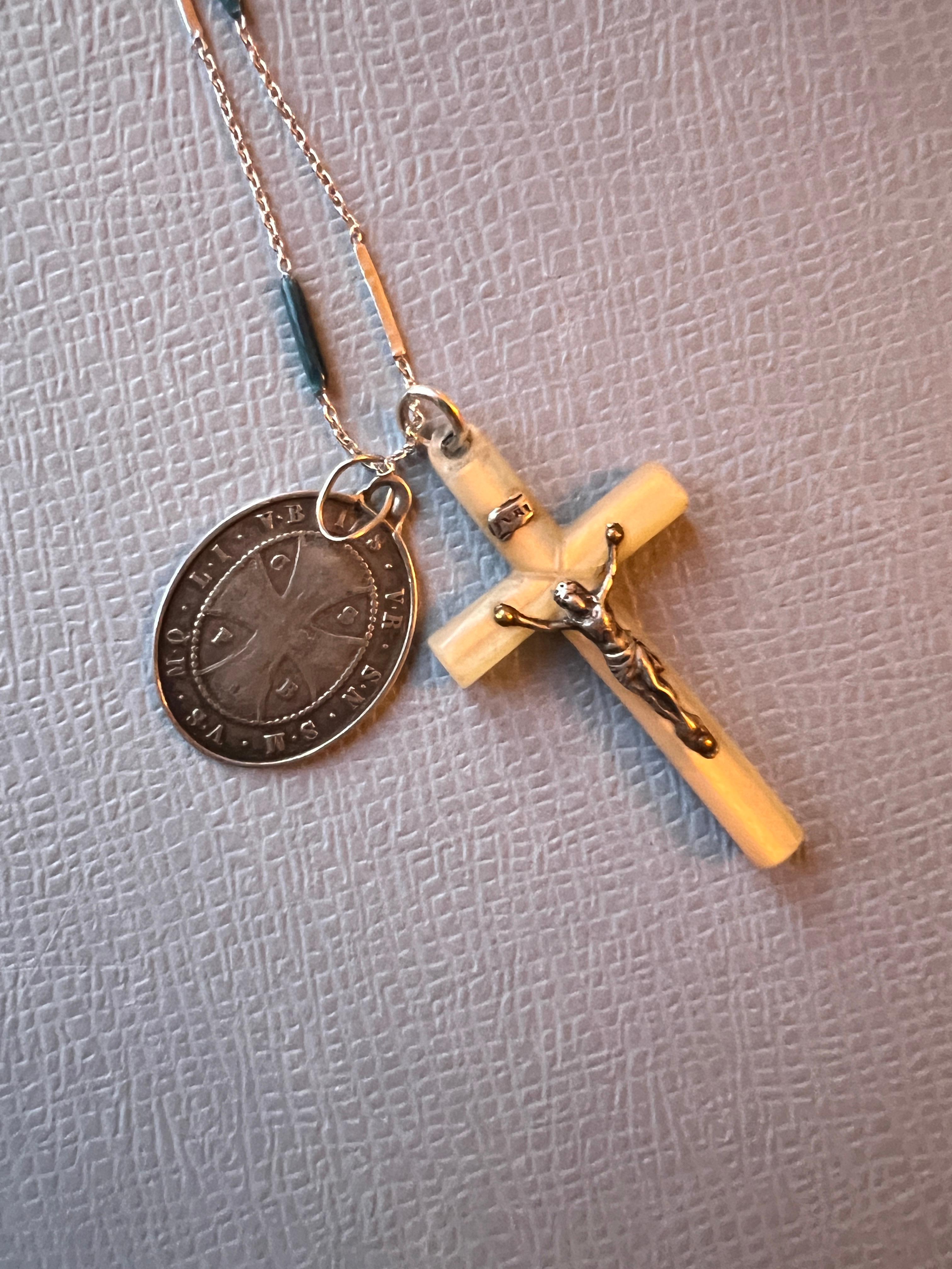 Crucifix Mother pearl Cross Medal Necklace Chain Enamel Antique Guardian Angel 5