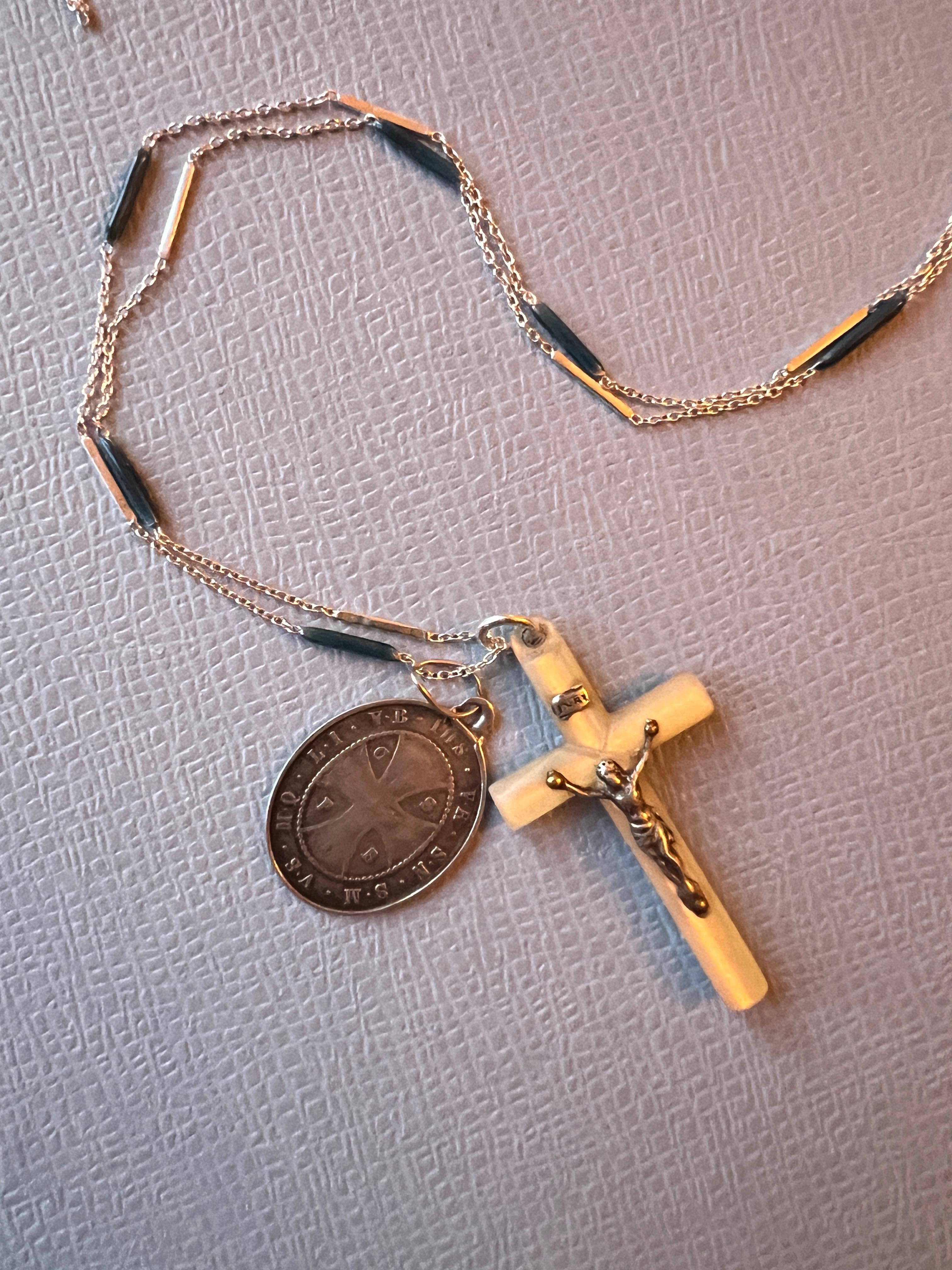 Crucifix Mother pearl Cross Medal Necklace Chain Enamel Antique Guardian Angel 6