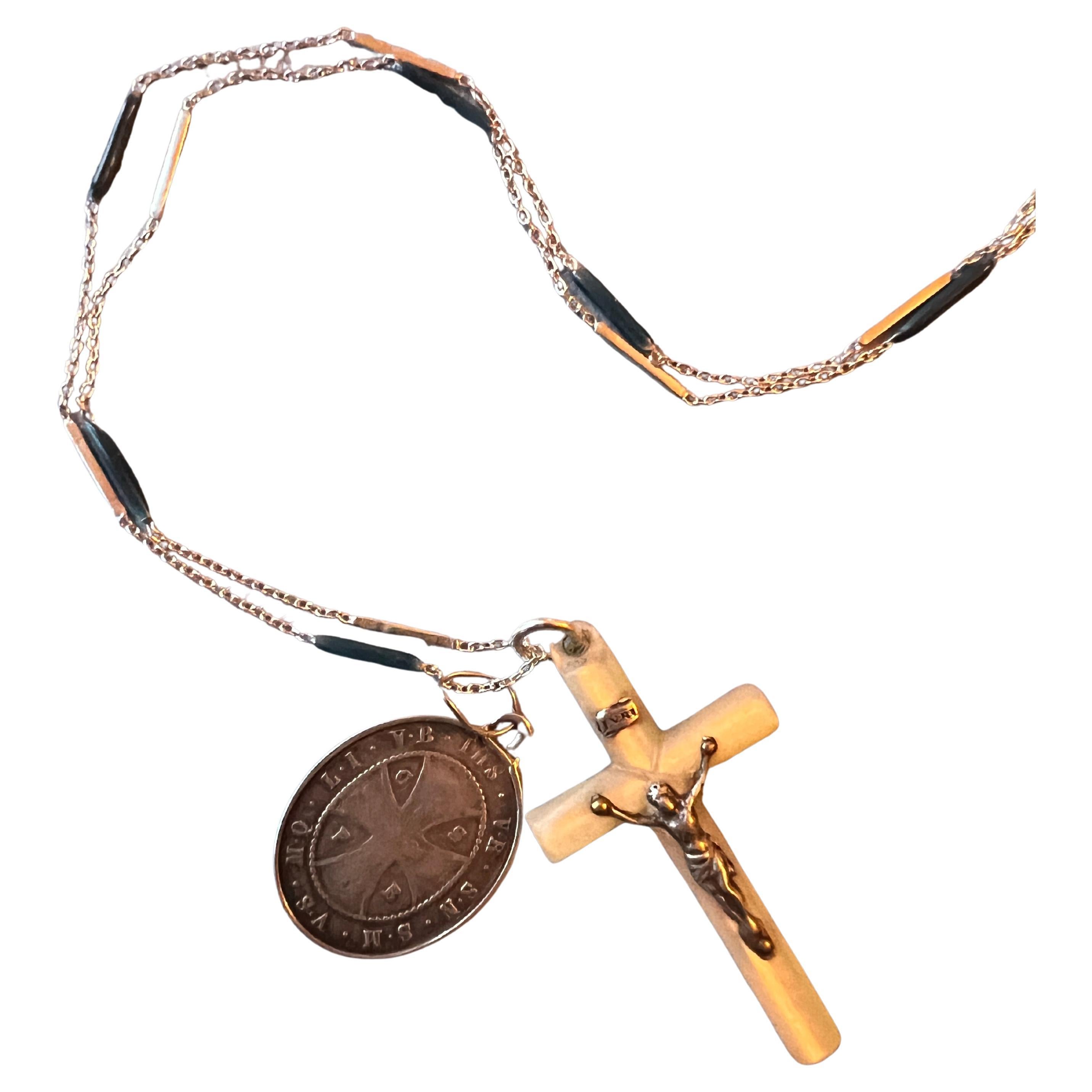 Crucifix Cross Mother Pearl Medal Necklace Chain Handpainted Blue Enamel Antique Silver Guardian Angel

Designer J Dauphin

Lenght: 28