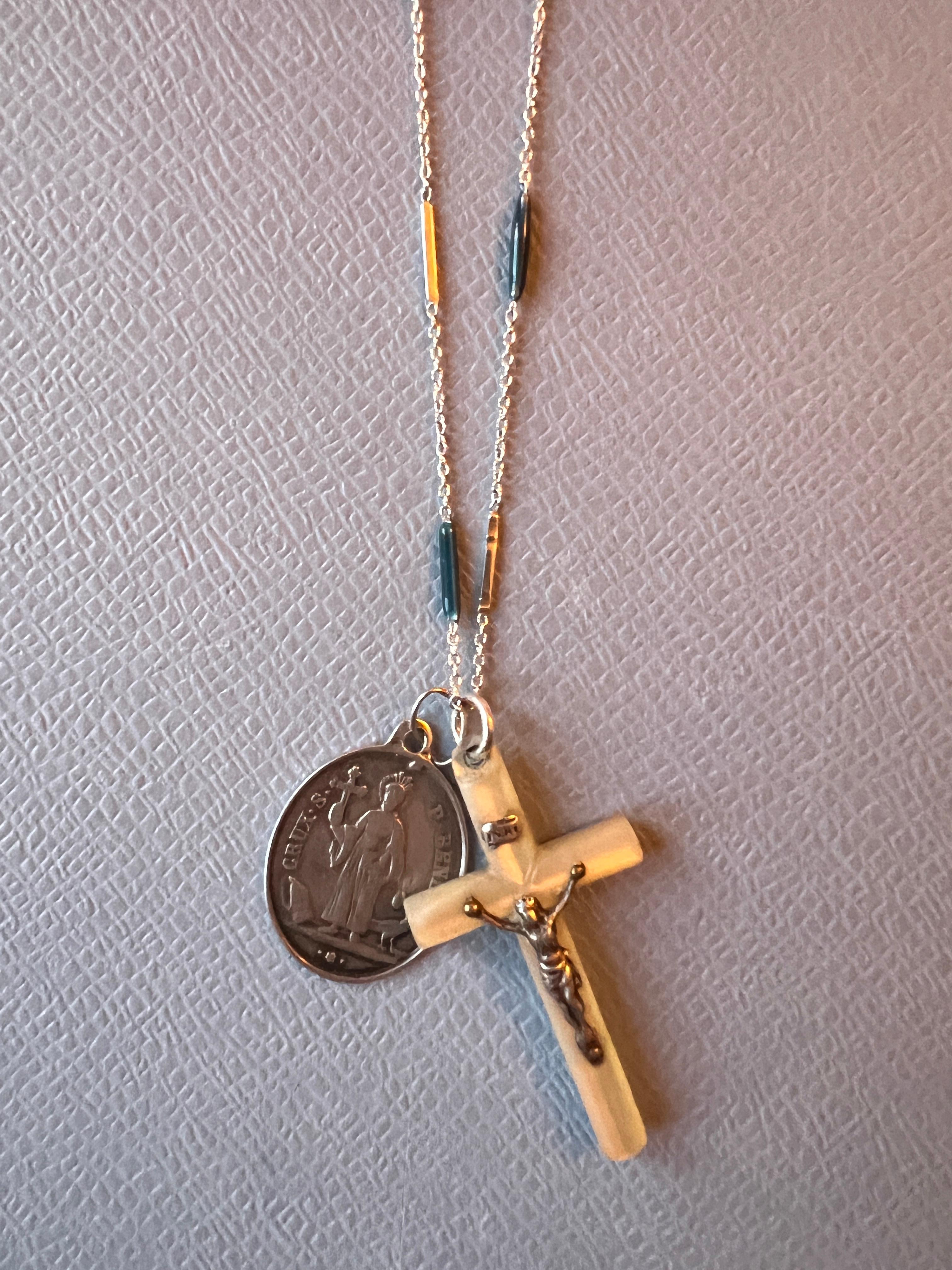 Contemporary Crucifix Mother pearl Cross Medal Necklace Chain Enamel Antique Guardian Angel