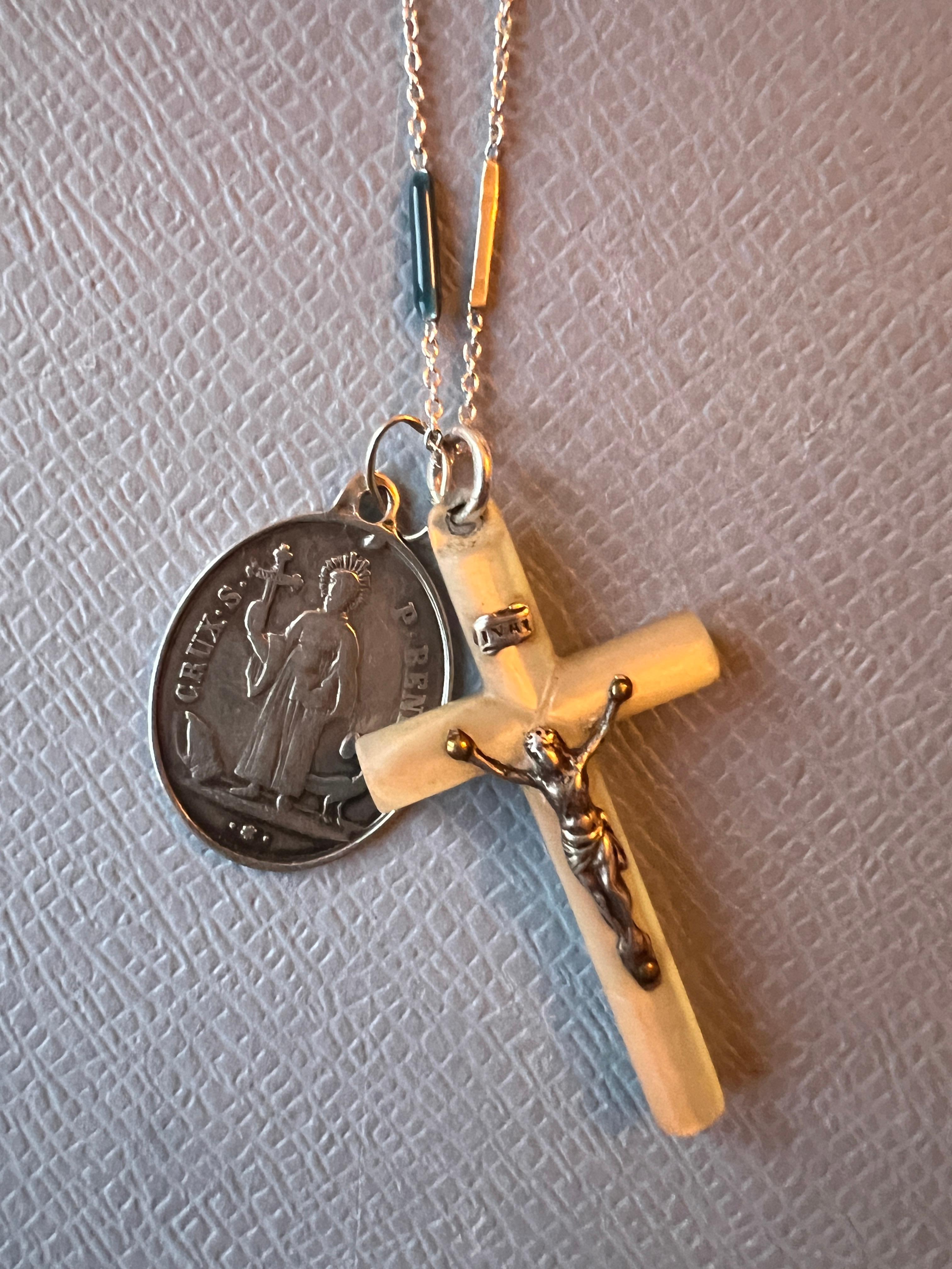 Crucifix Mother pearl Cross Medal Necklace Chain Enamel Antique Guardian Angel 1