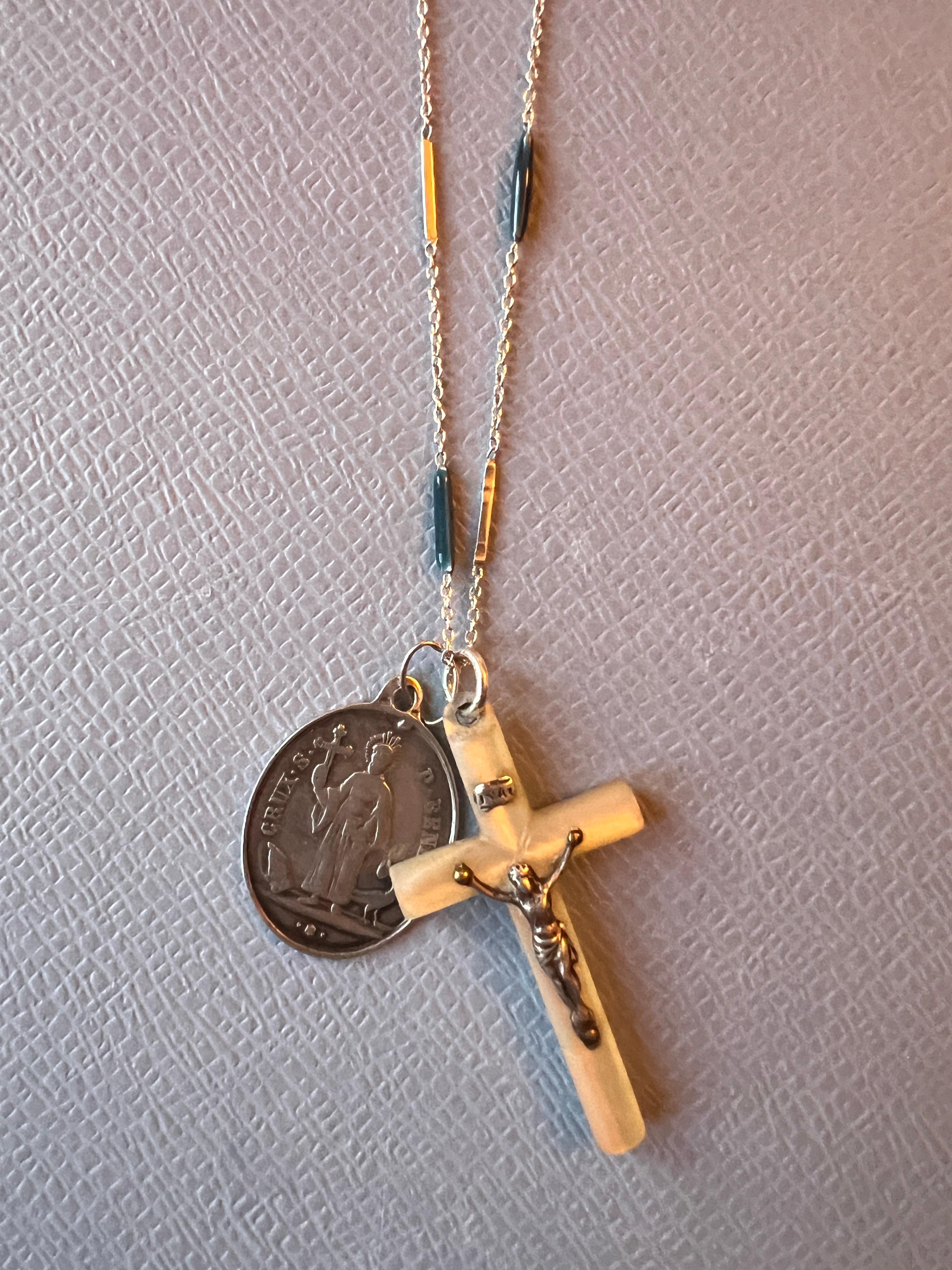 Crucifix Mother pearl Cross Medal Necklace Chain Enamel Antique Guardian Angel 2