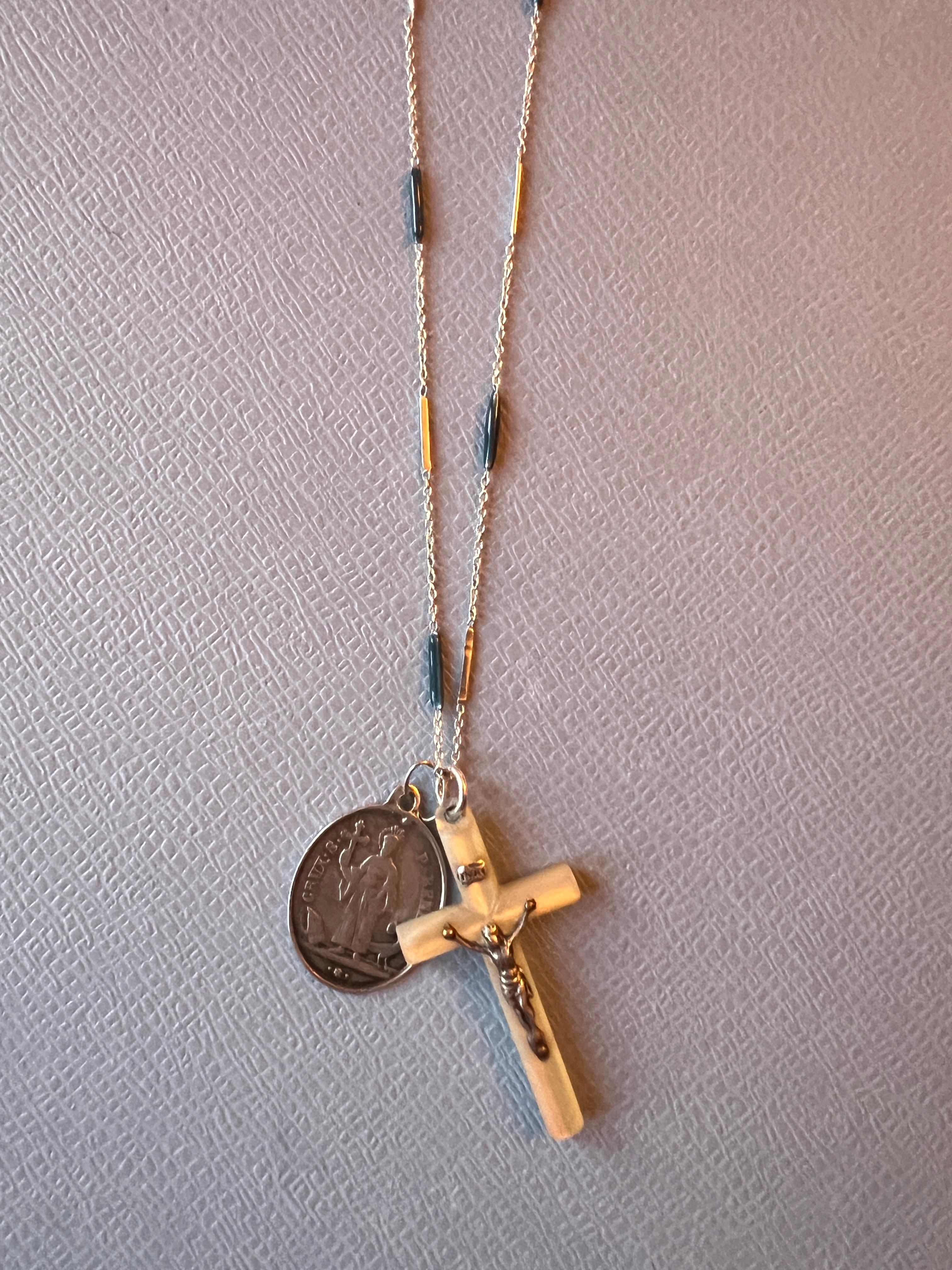 Crucifix Mother pearl Cross Medal Necklace Chain Enamel Antique Guardian Angel 3
