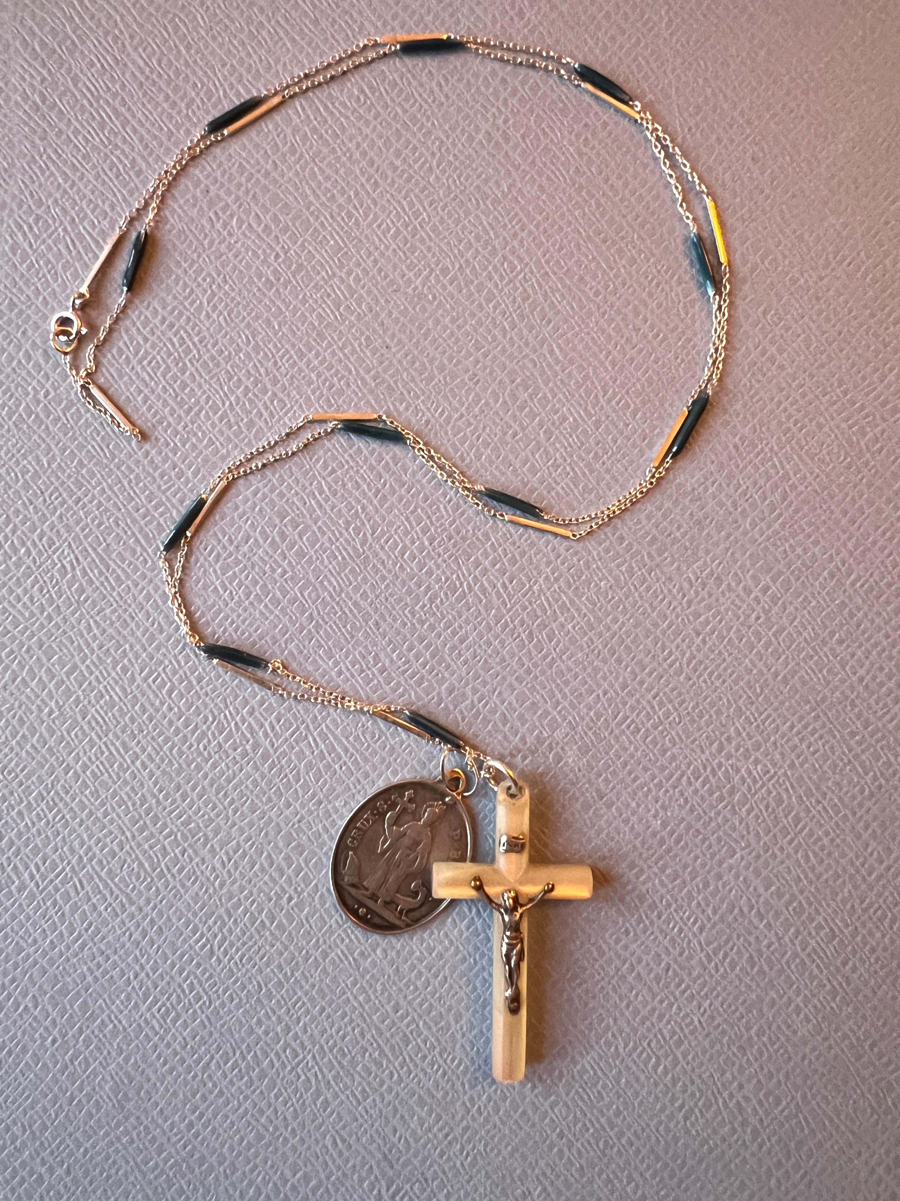 Crucifix Mother pearl Cross Medal Necklace Chain Enamel Antique Guardian Angel 4