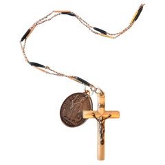 Crucifijo Madre perla Cruz Medalla Collar Cadena Esmalte Antiguo Ángel de la Guarda