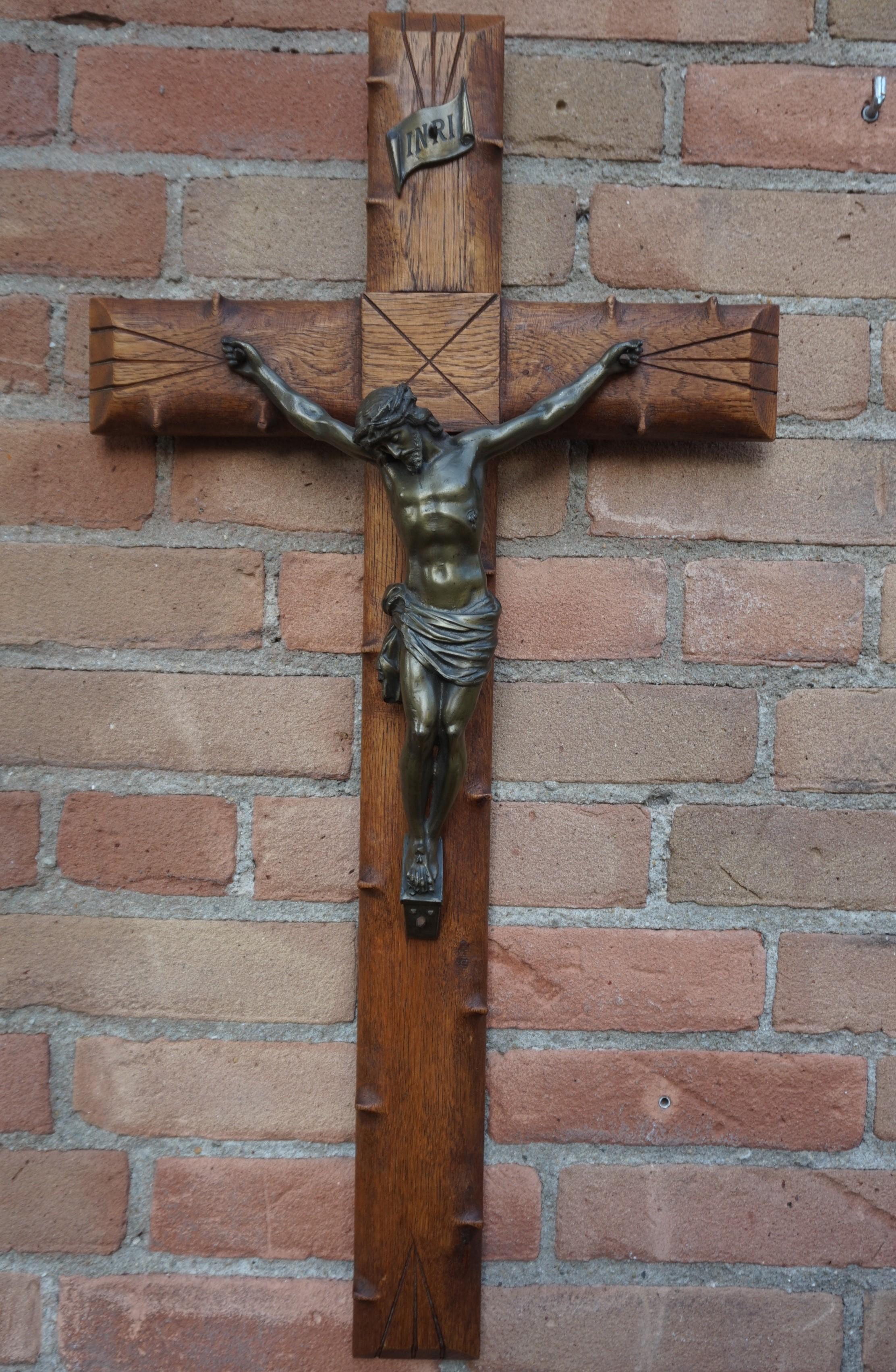 Crucifix with Crown of Thorns Style Wooden Cross and Bronze Patinated Corpus 3