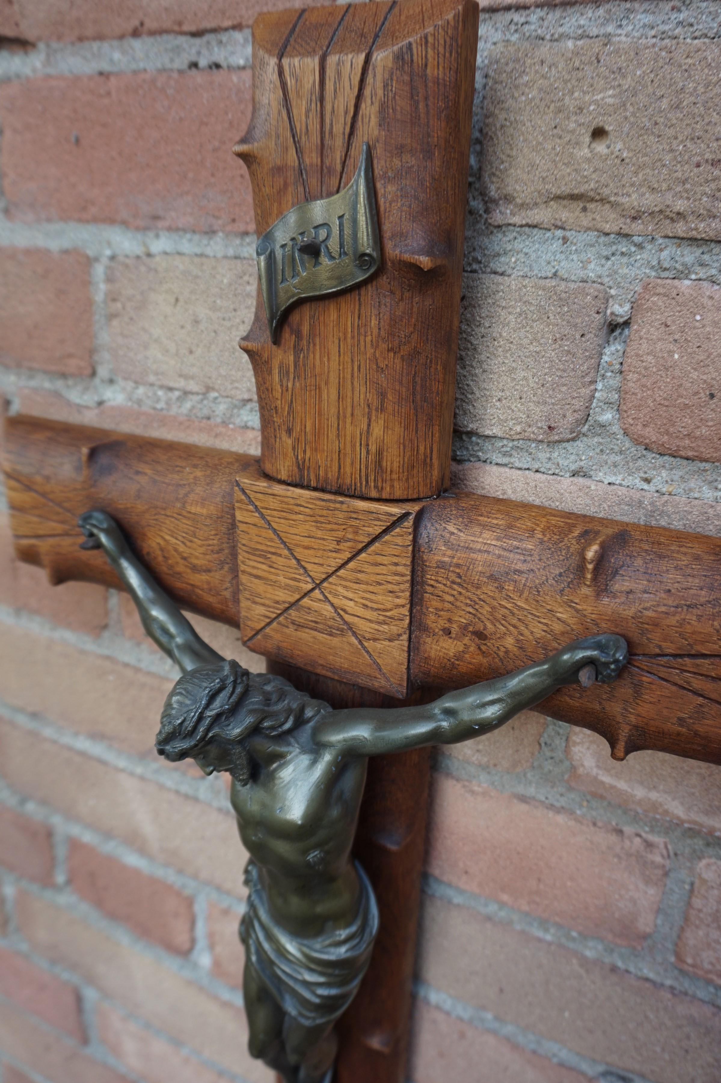 Crucifix with Crown of Thorns Style Wooden Cross and Bronze Patinated Corpus 4