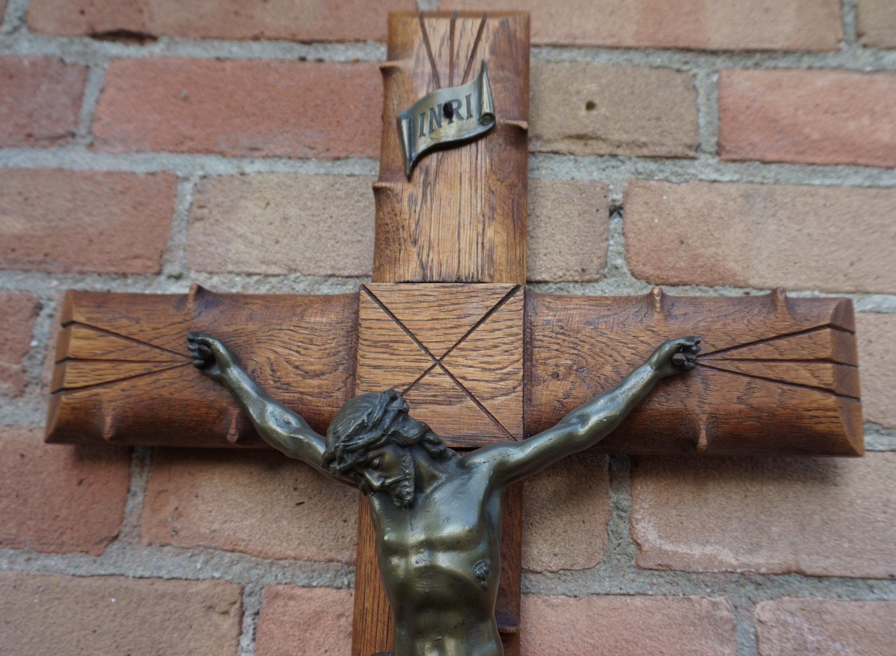 Crucifix with Crown of Thorns Style Wooden Cross and Bronze Patinated Corpus 5