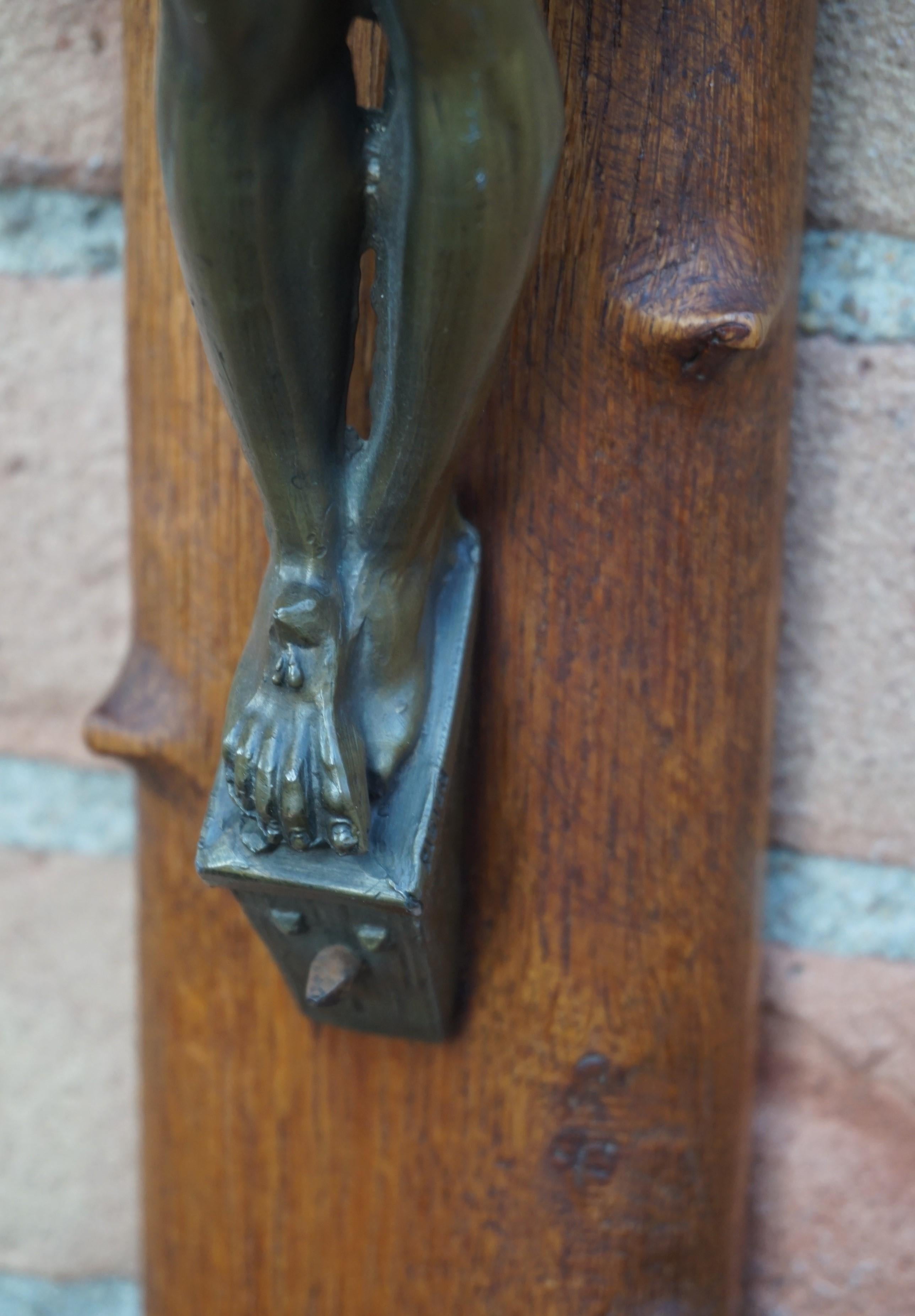 Crucifix with Crown of Thorns Style Wooden Cross and Bronze Patinated Corpus 6