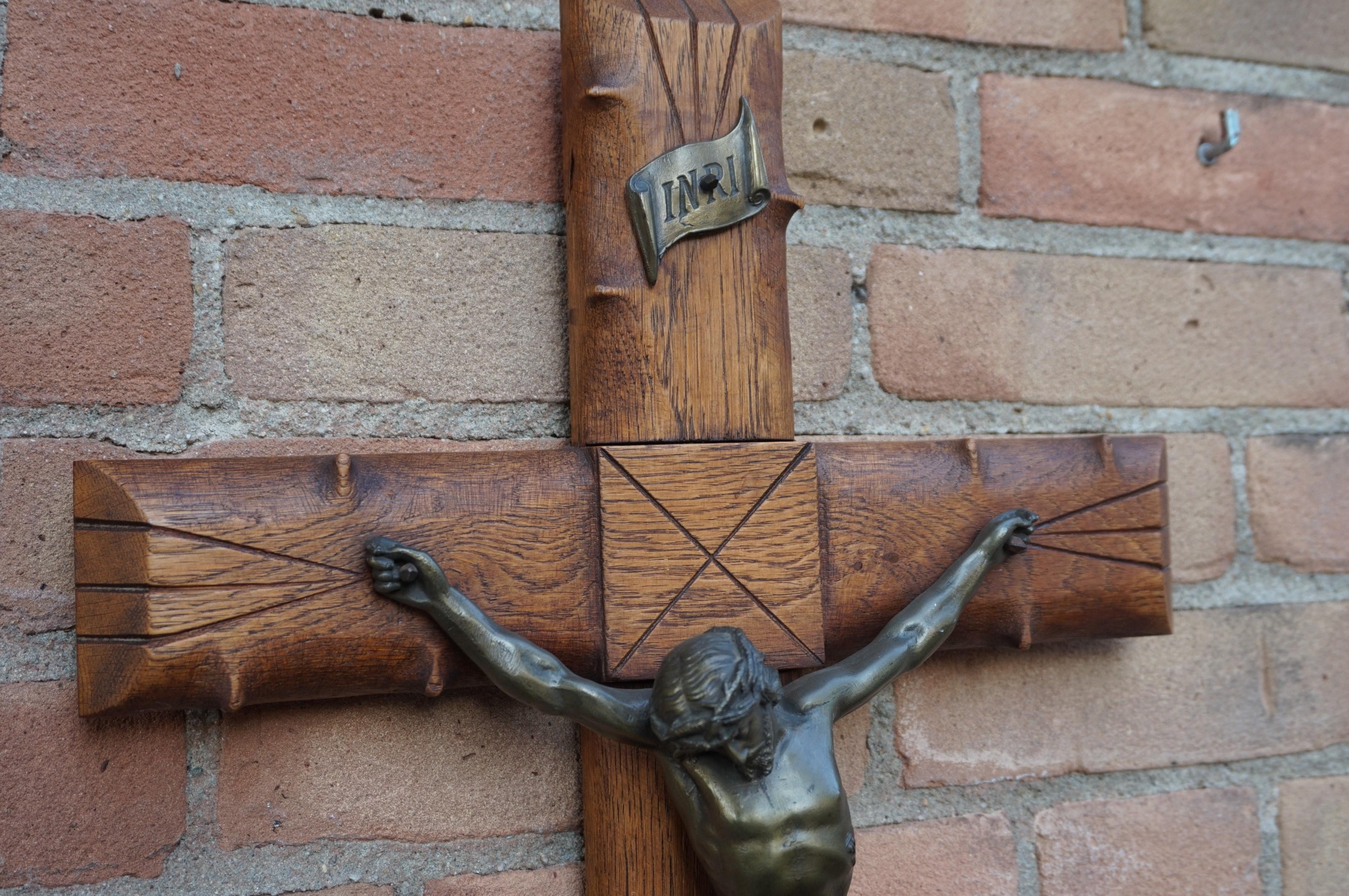 Crucifix with Crown of Thorns Style Wooden Cross and Bronze Patinated Corpus 10